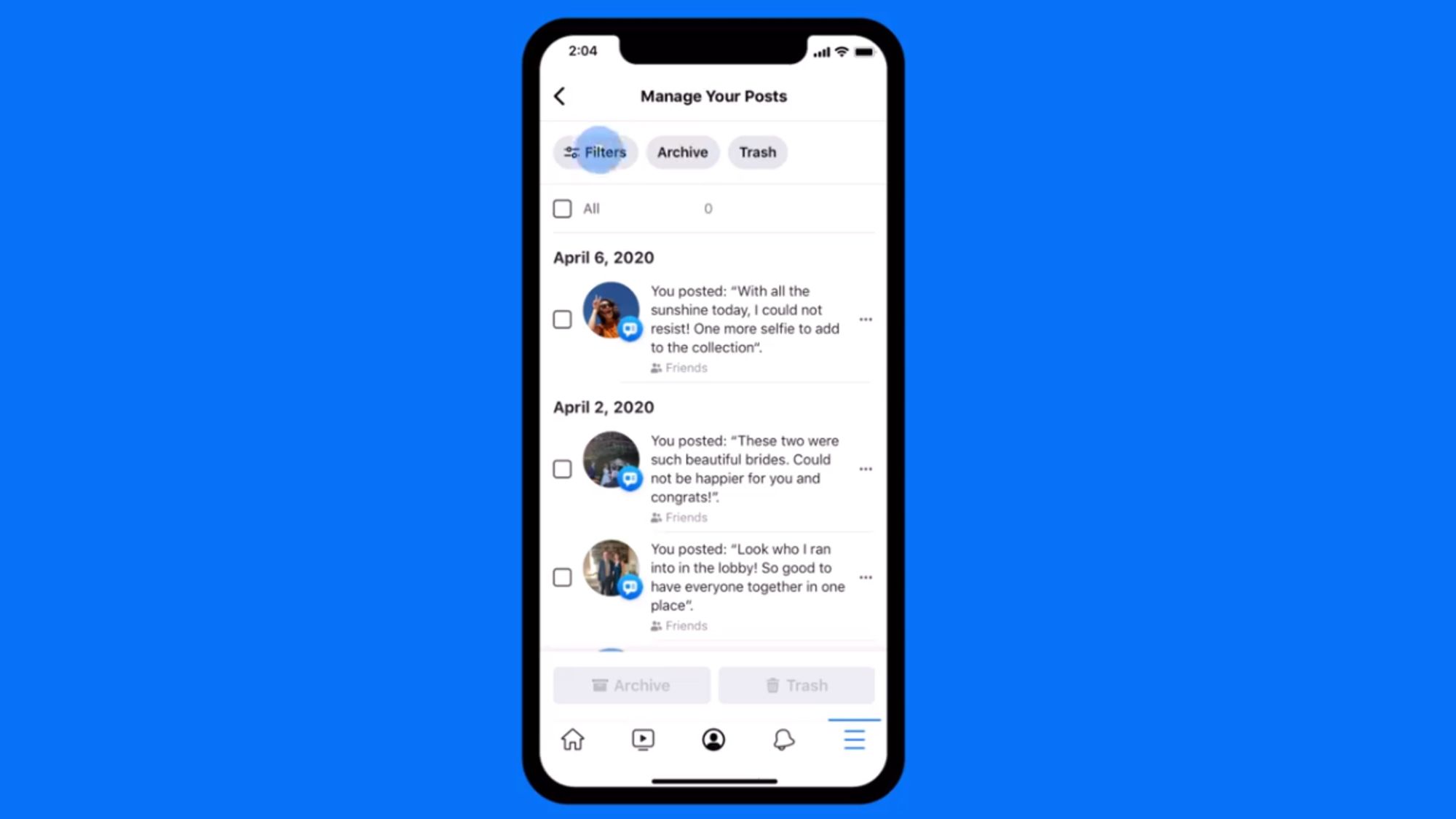 Facebook allows users to manage their content in a bulk way