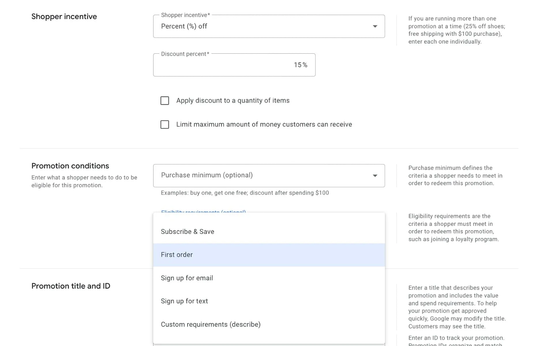 Screenshot shows Google Merchant Center's first-order discount setup interface with promotion settings panel