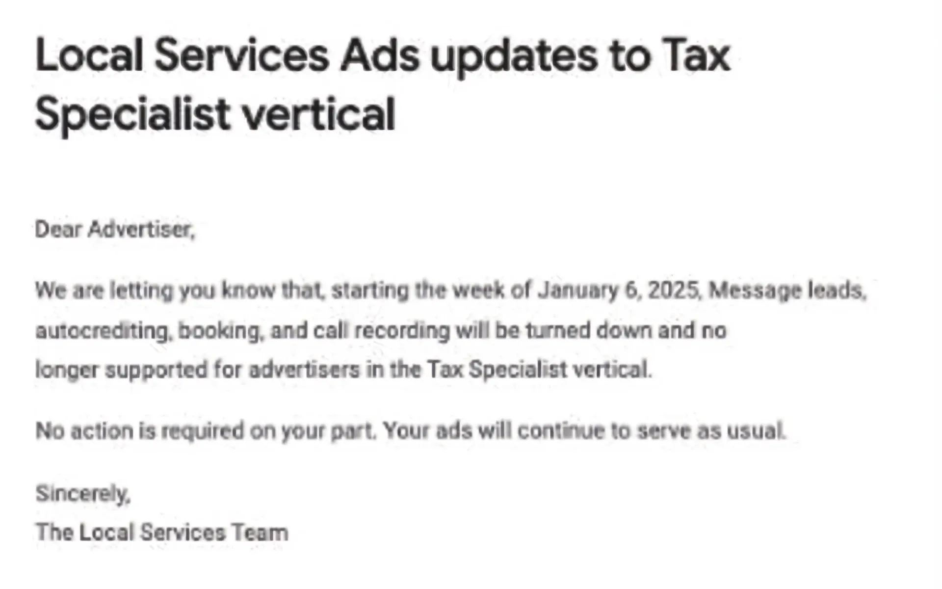 Google Local Services Ads removes key features for tax specialists