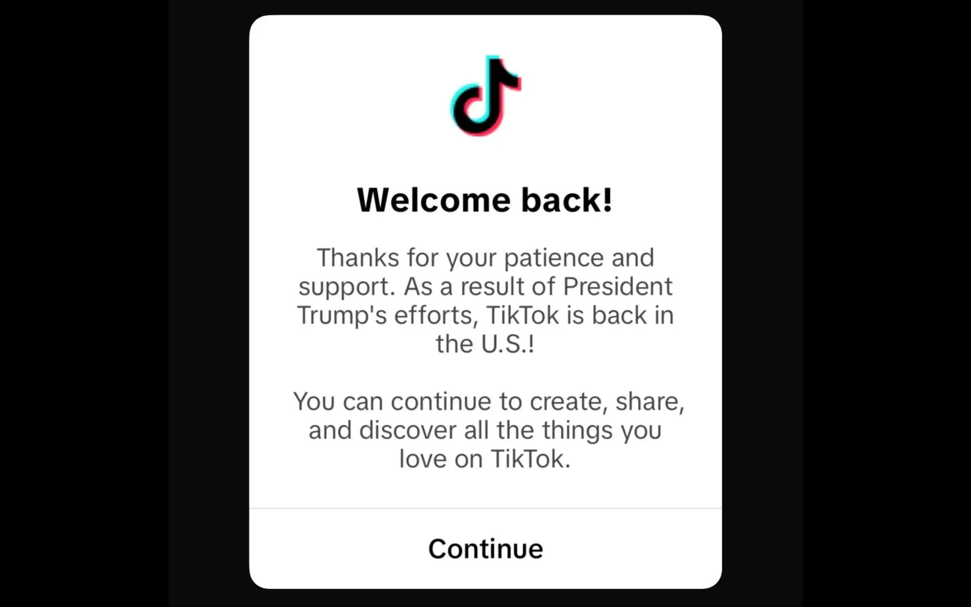 TikTok welcome screen showing app's return message crediting President Trump for platform restoration in US