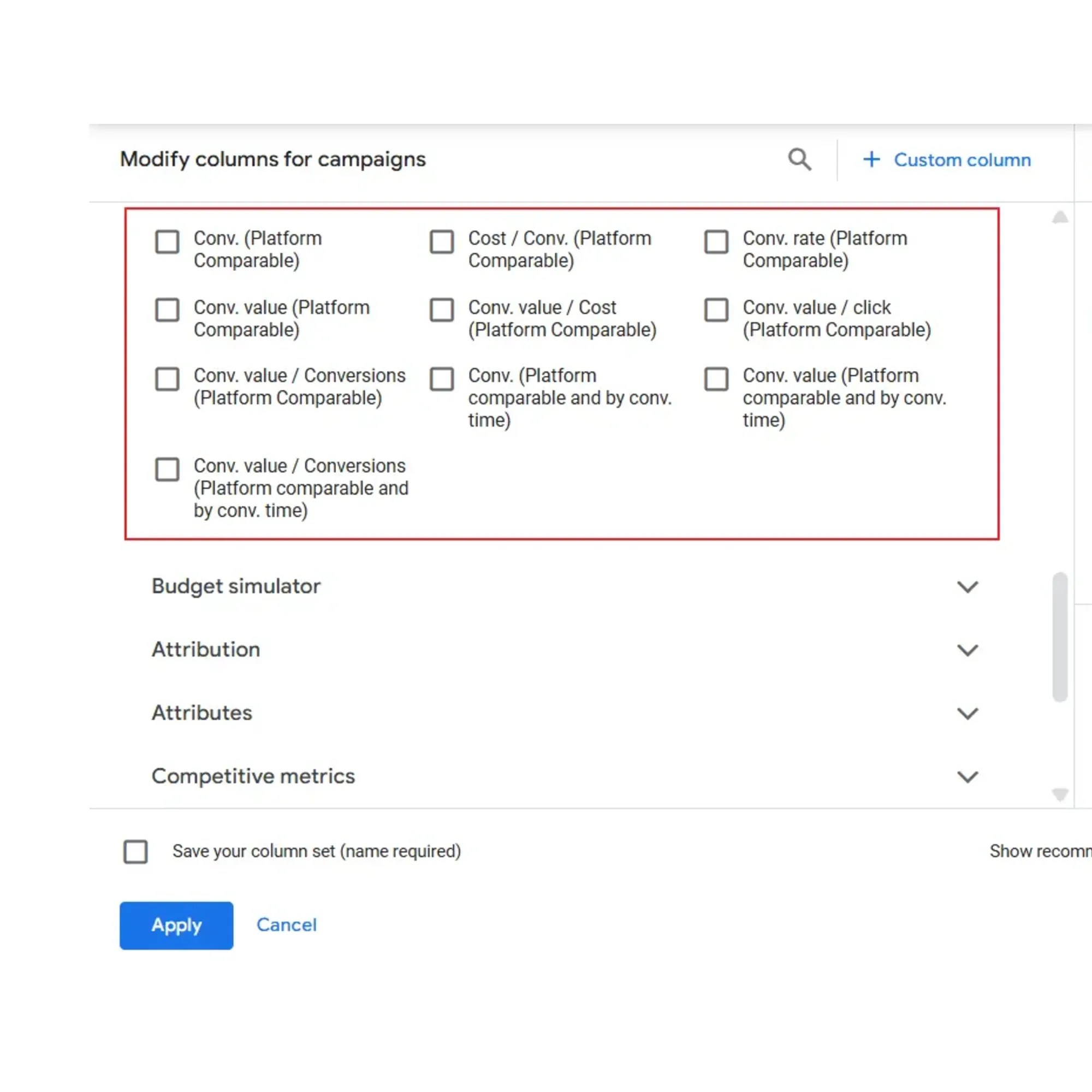 Google's new Demand Gen platform-comparable conversion columns offer detailed attribution metrics for cross-platform performance comparison.