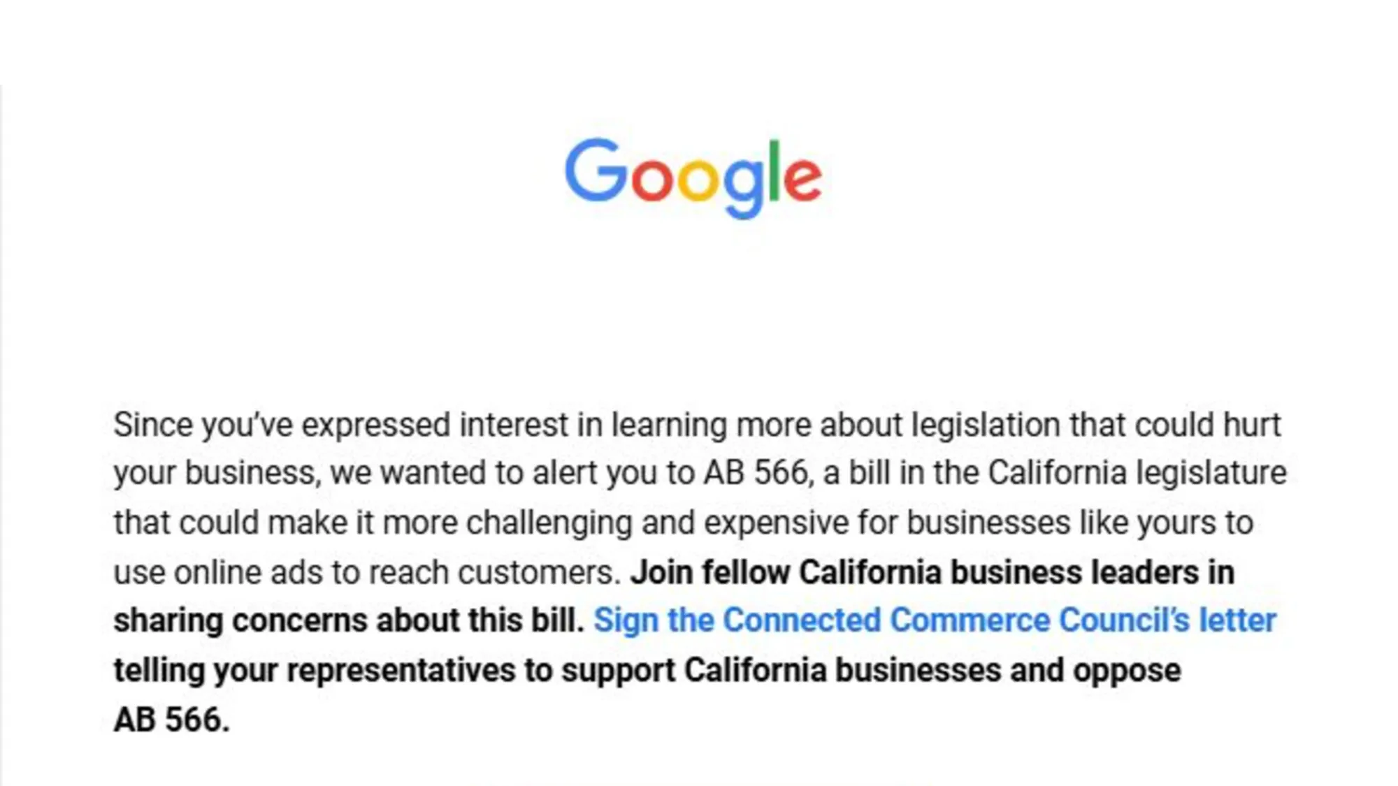 This image shows Google's email urging business owners to oppose California's AB 566 privacy bill that would strengthen consumer opt-out rights