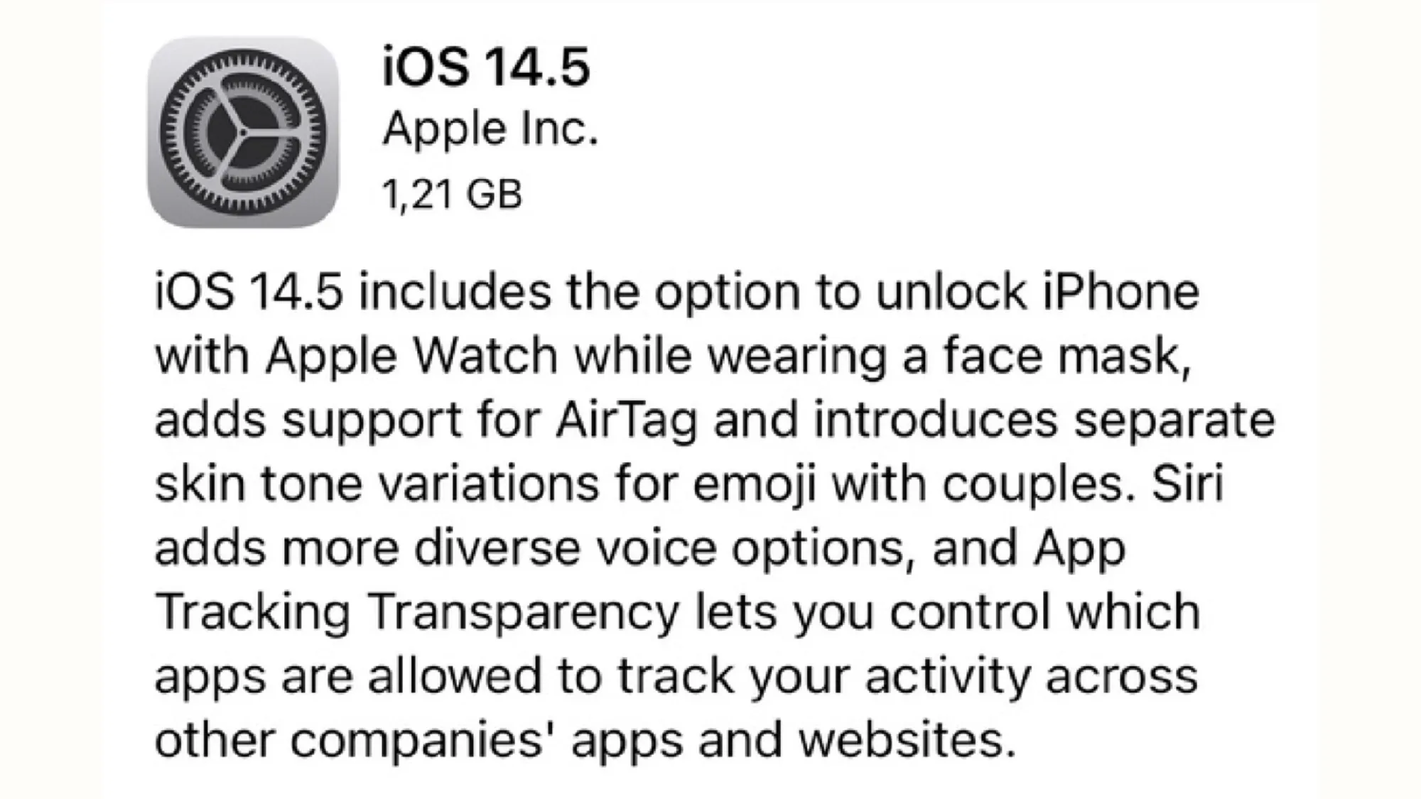 iOS 14.5 update screenshot showing App Tracking Transparency feature announcement that sparked Apple's €150M EU antitrust fine