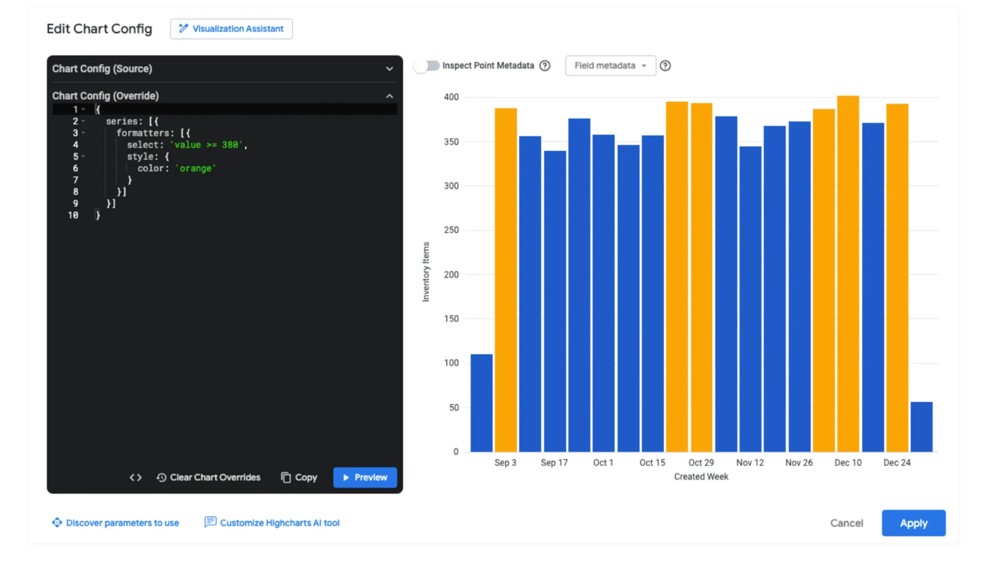 Looker 25.6's Chart Config Editor showing conditional formatting with orange bars for inventory values above 380