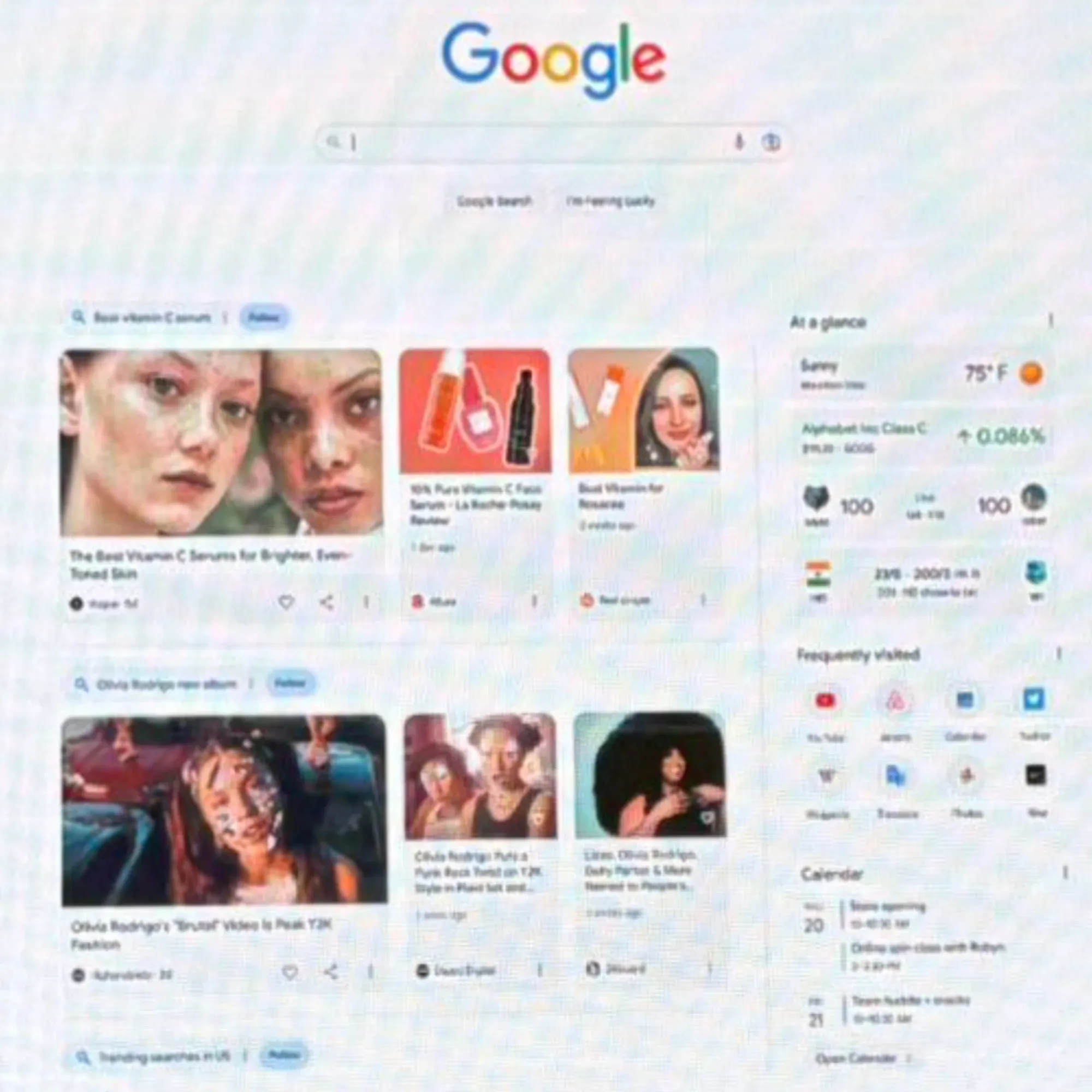 Google Discover interface on desktop showing personalized content cards with vitamin articles and Olivia Rodrigo videos