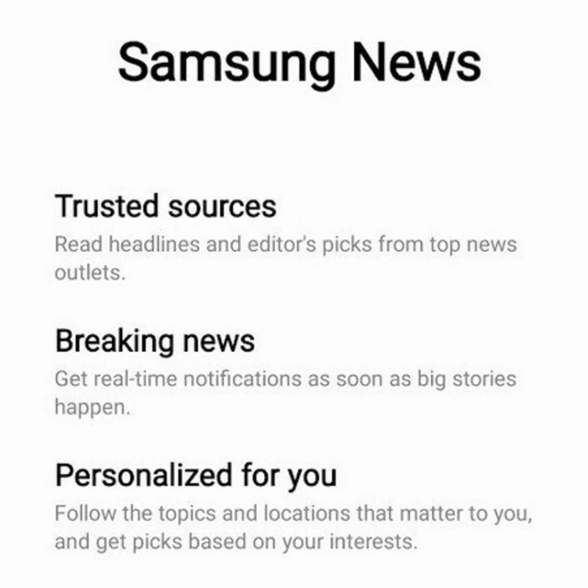 Samsung News app interface showing three key features: trusted sources, breaking news alerts, and personalized content selection.