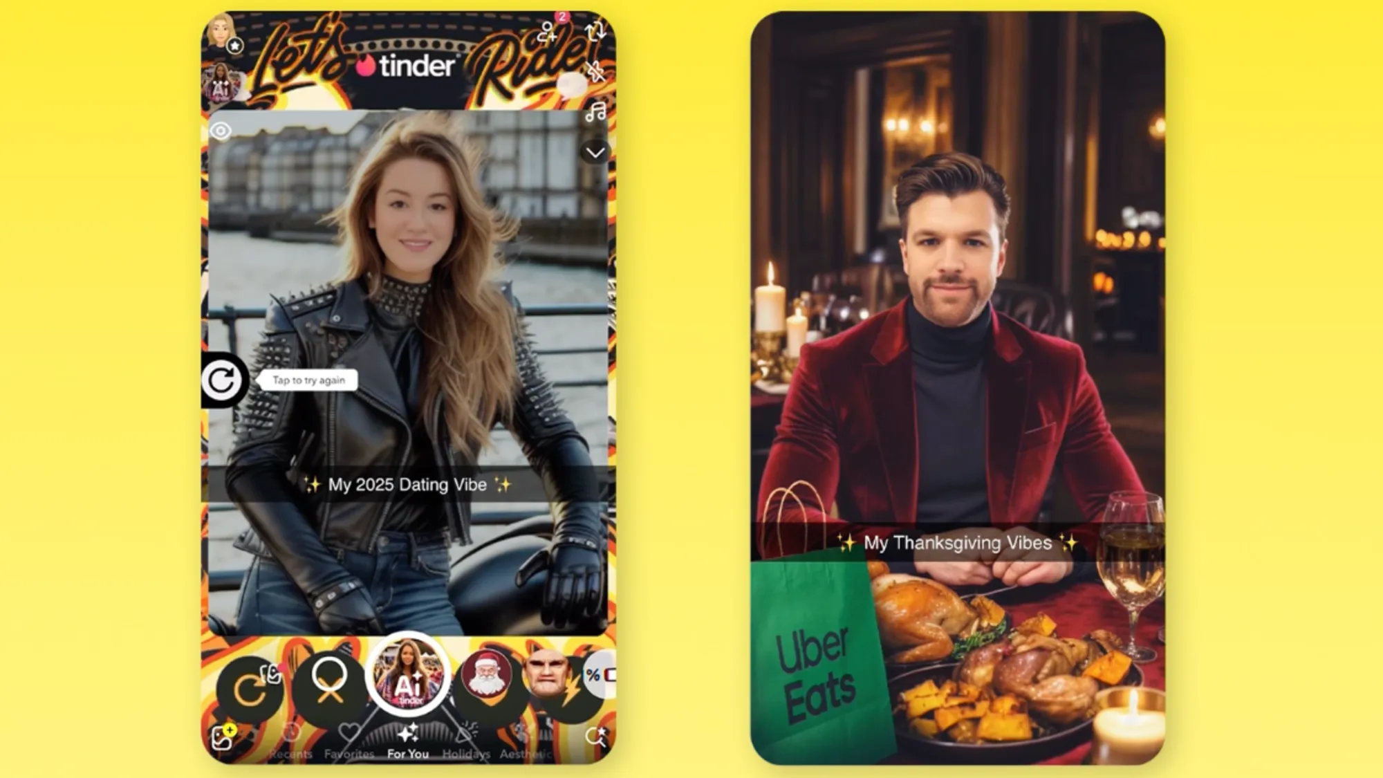 Snapchat's new AI Lenses showcasing Tinder's dating vibe generator and Uber's Thanksgiving experience with personalized visuals.