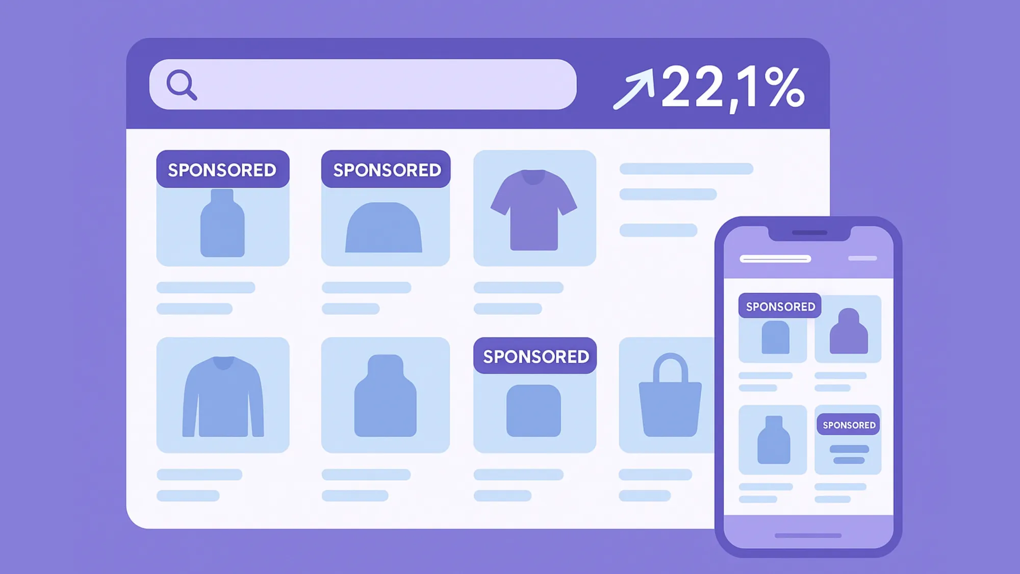 E-commerce search page showing sponsored product placements and 22.1% retail media growth visualization