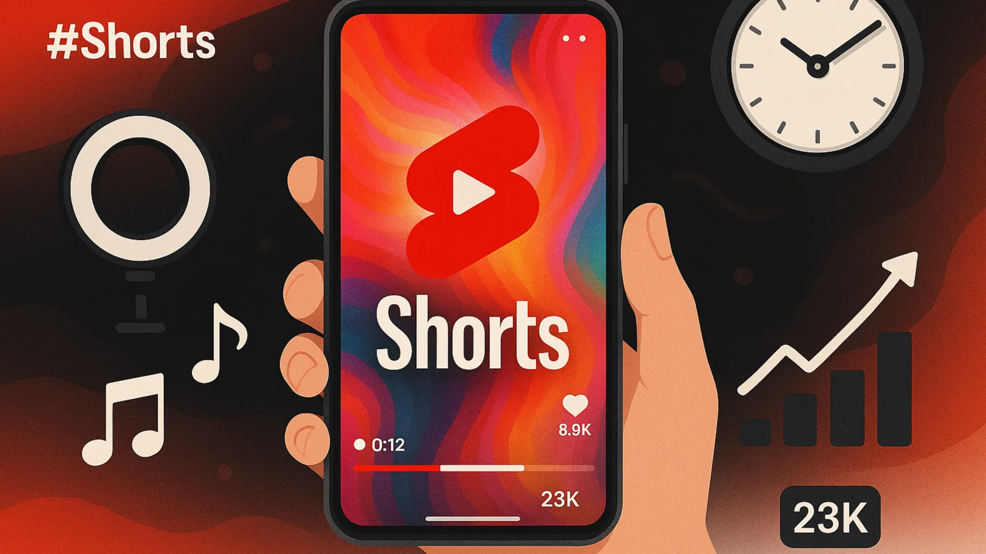 Smartphone displays YouTube Shorts with trending metrics, music notes, and analytics graph highlighting creator tools.