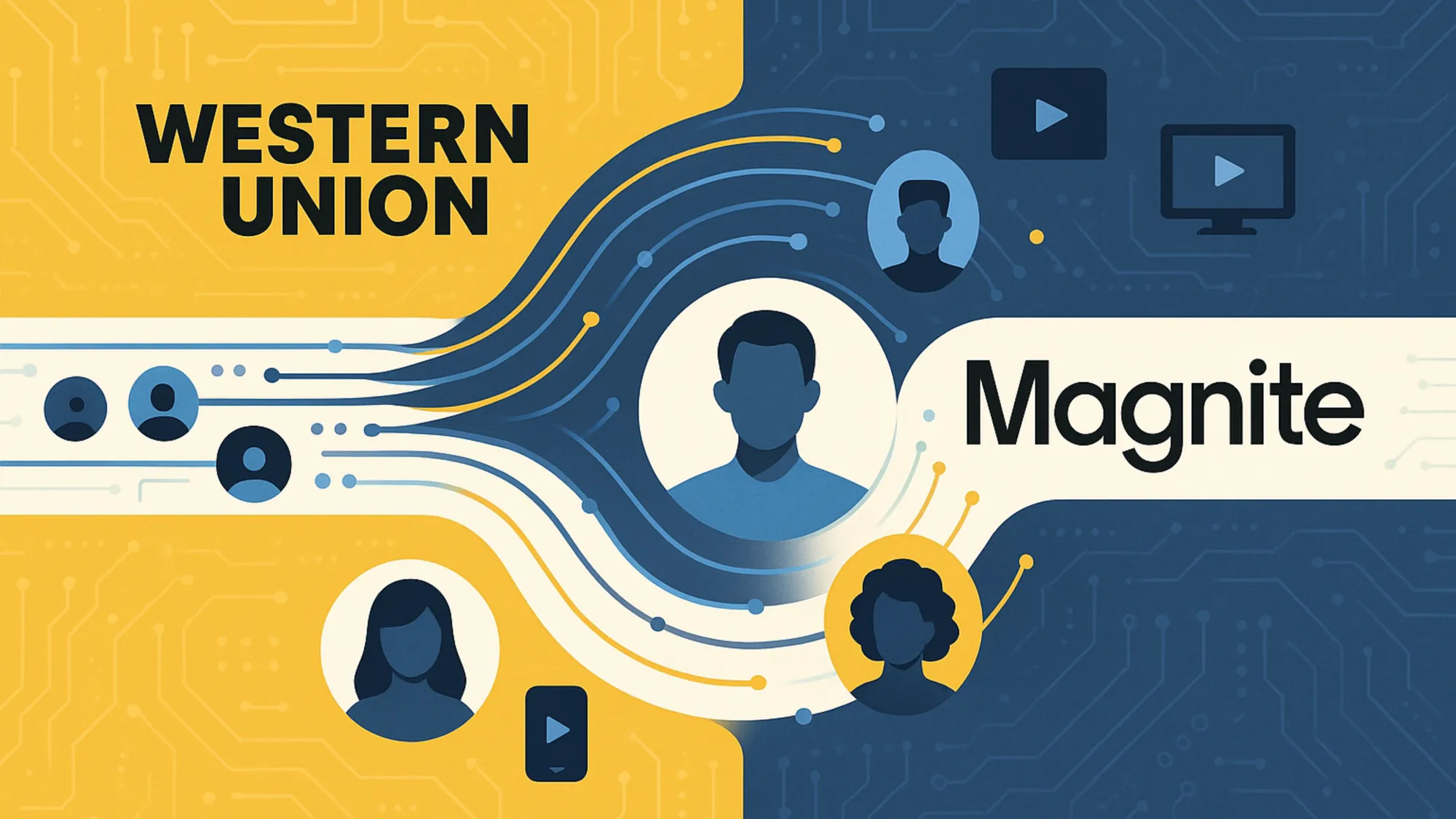 Western Union and Magnite advertising partnership illustrated with data streams connecting diverse user profiles across digital platforms, highlighting multicultural audience targeting.