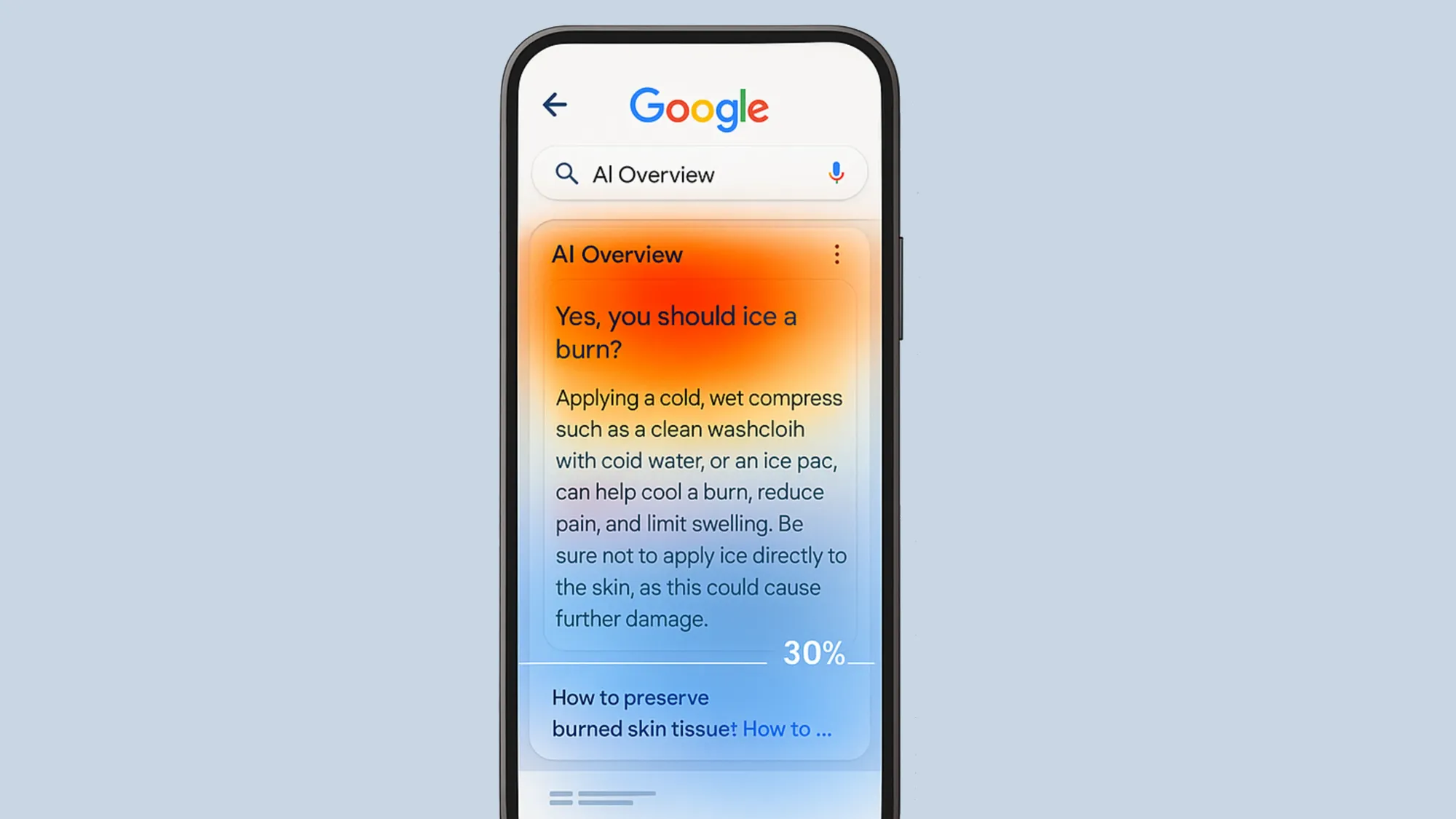 Google AI Overview heatmap showing 30% median scroll depth with attention concentrated at the top