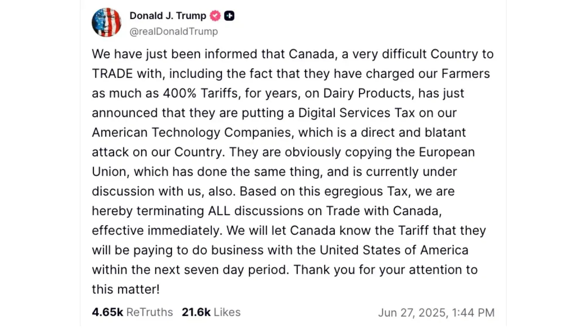 Canada rescinds digital services tax to advance trade talks with United States