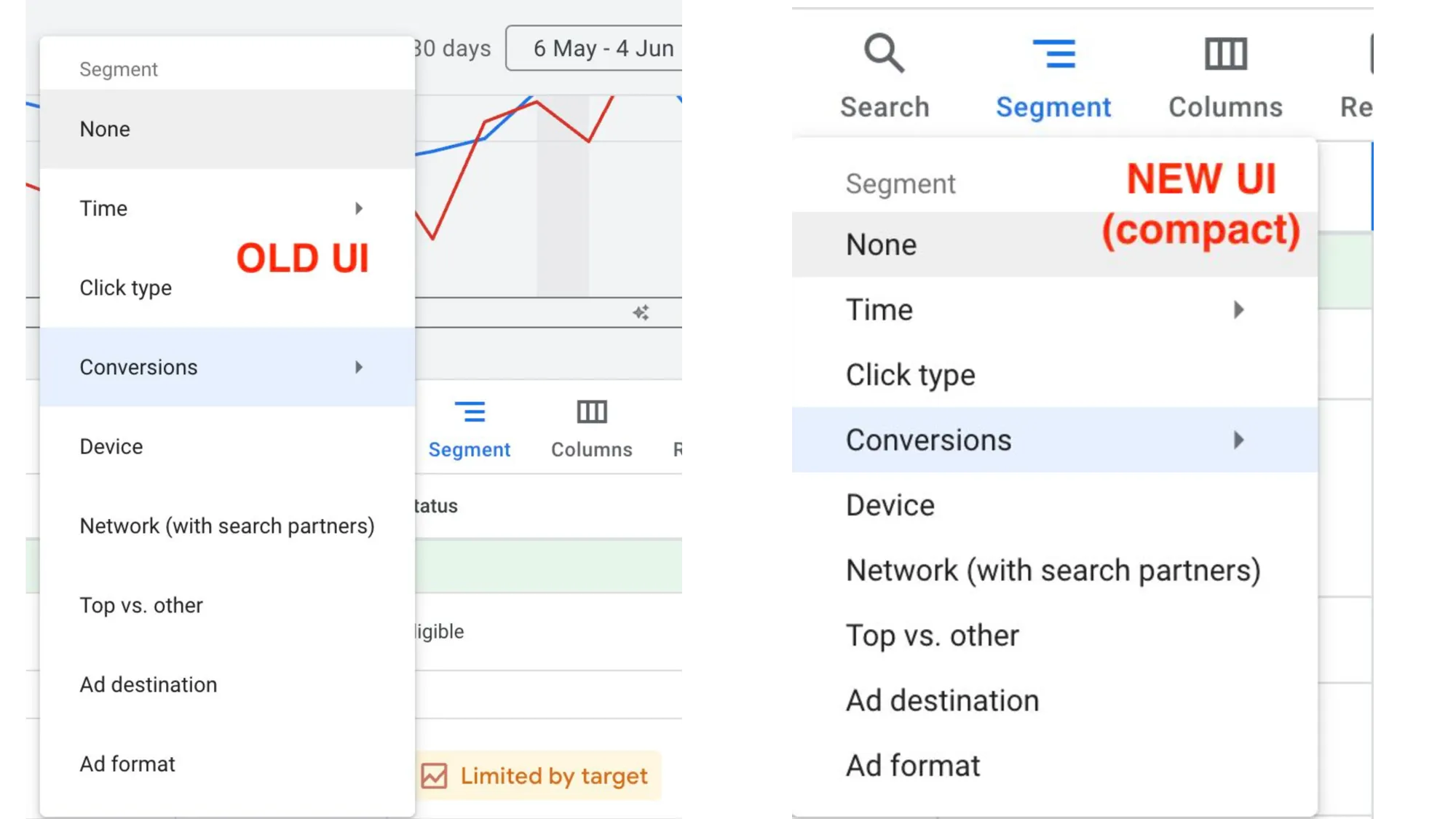 Google Ads tests compact segment dropdown menu in advertiser console