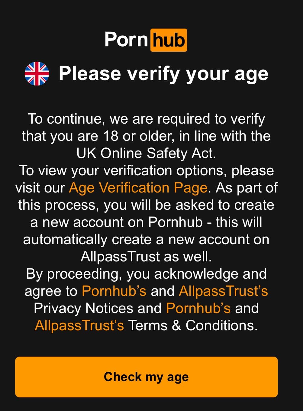 Age Verification on PornHub when the website is visited from the UK