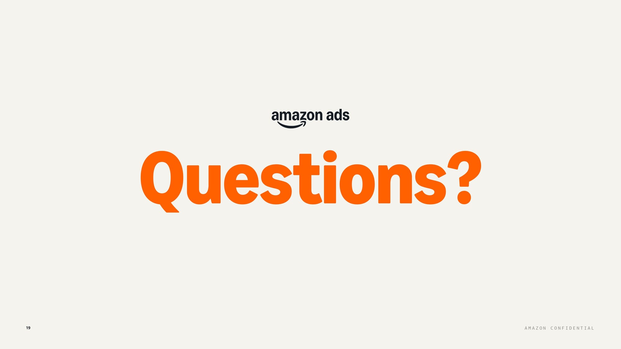 Amazon Ads Questions slide with orange branding for ad tech activation partner program