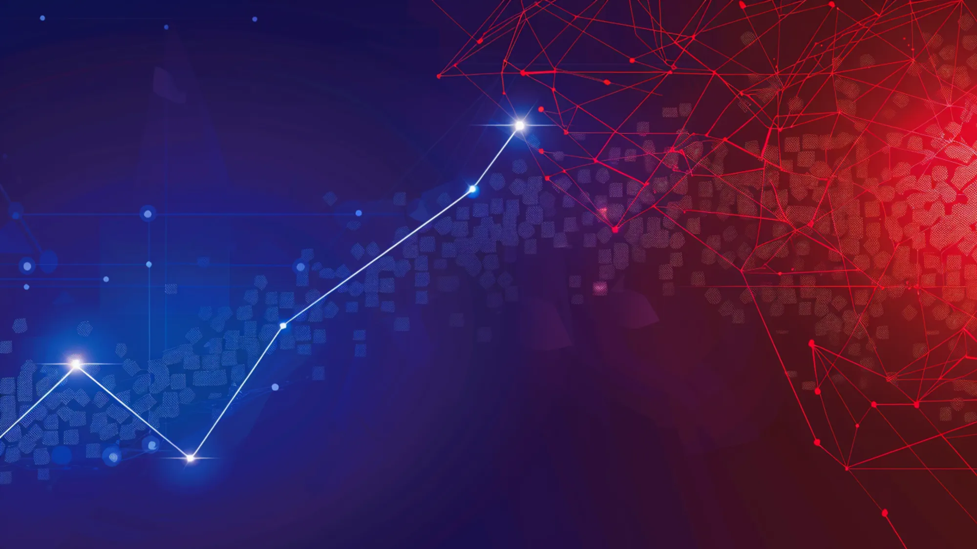 Digital network visualization showing contrasting blue growth and red decline trends in Google ads revenue.