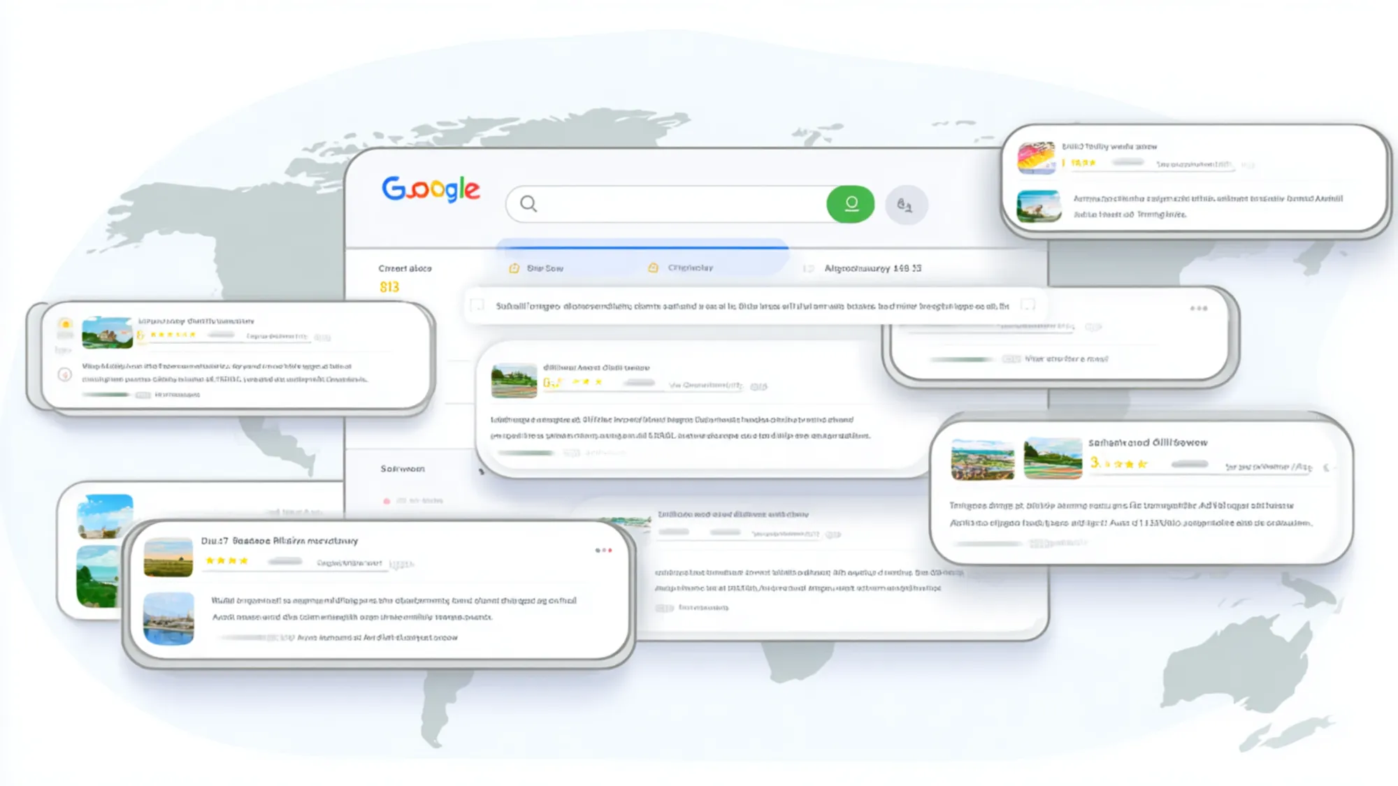 Google search results showing AI Overview boxes positioned at different ranking levels with global map background illustrating variable placement patterns.