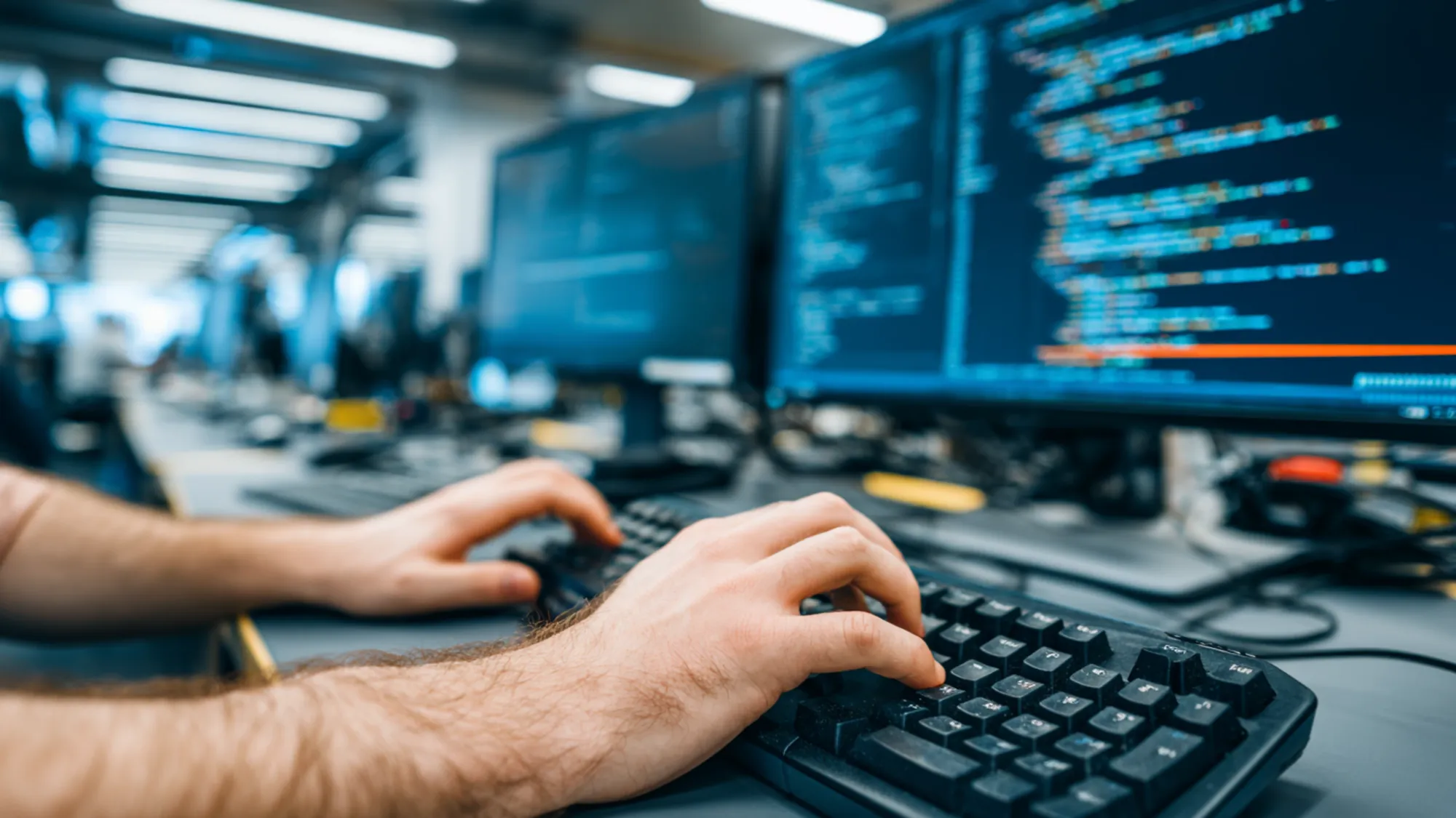 Developer typing code manually while AI assists separately, showing balanced human-AI collaboration