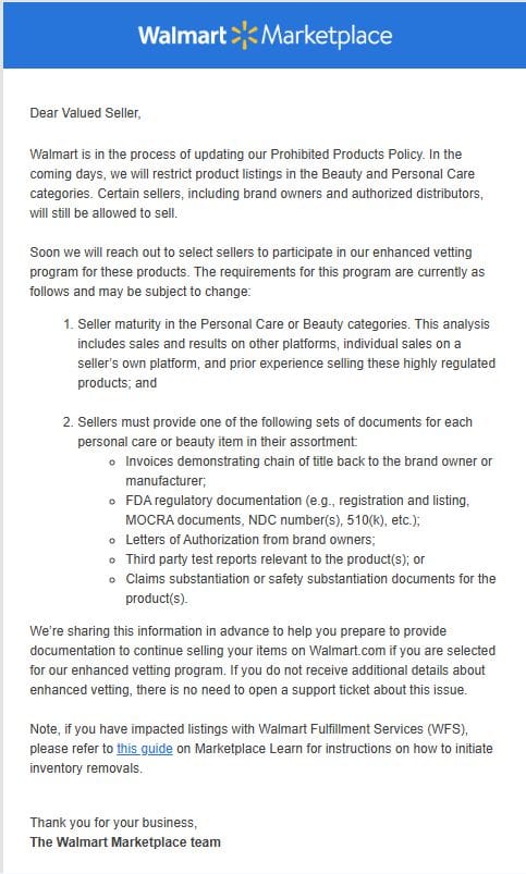 Walmart Marketplace email notification restricting beauty sales to authorized sellers only