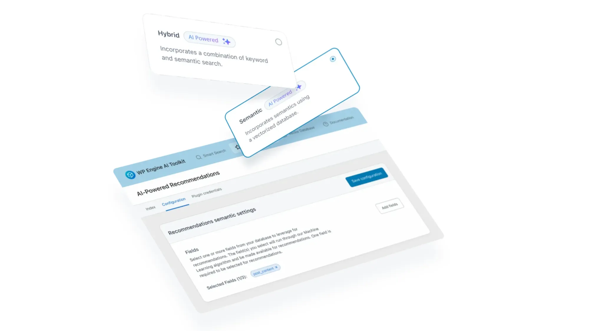 WP Engine AI toolkit interface showing hybrid search and AI-powered recommendations configuration panel.