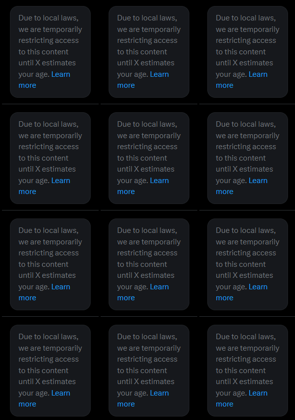 X (formerly Twitter) displays multiple "Due to local laws" age restriction notices blocking UK content access