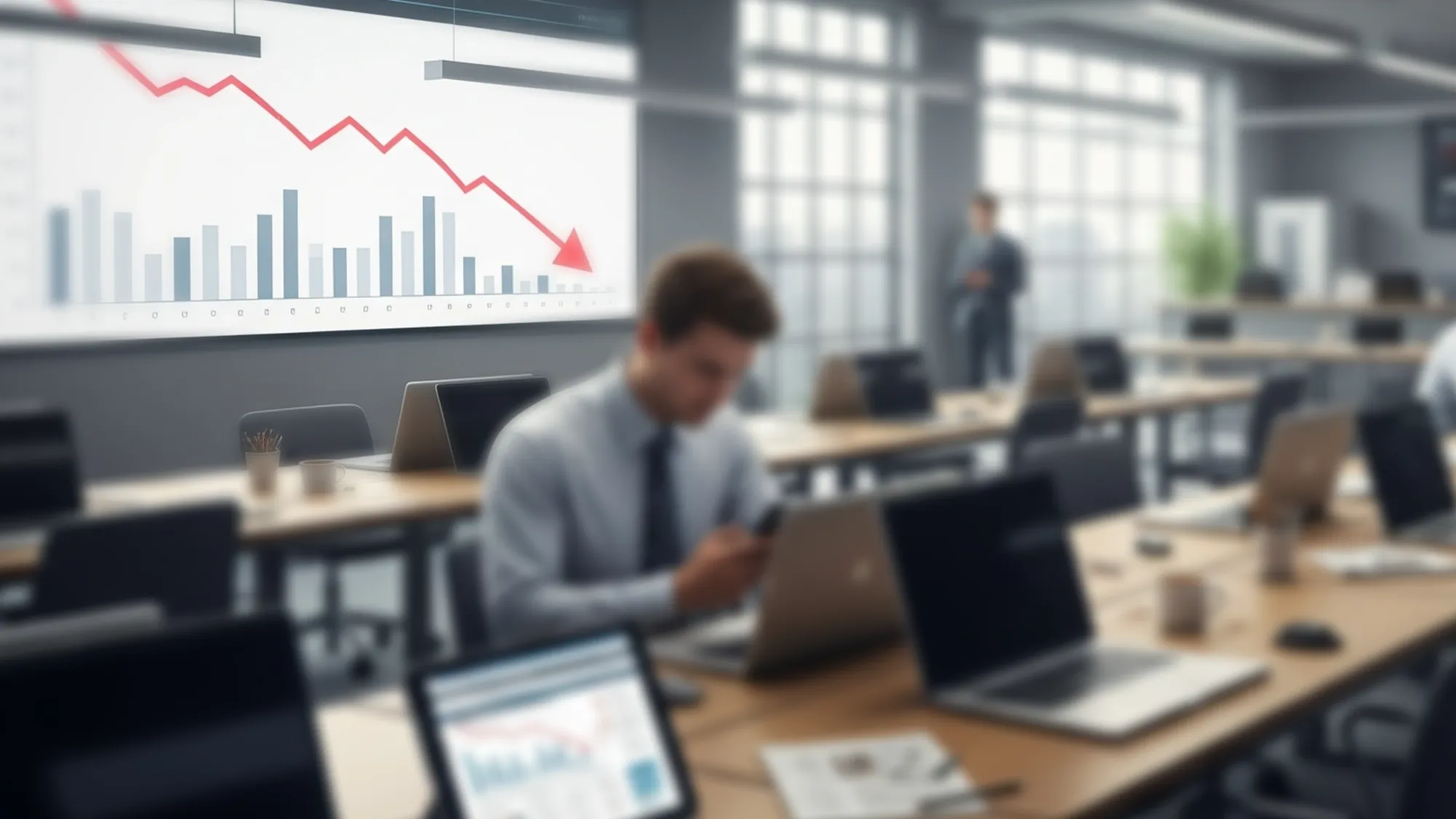 Modern newsroom showing declining website traffic analytics with downward trending graphs and concerned journalists analyzing data on laptops.