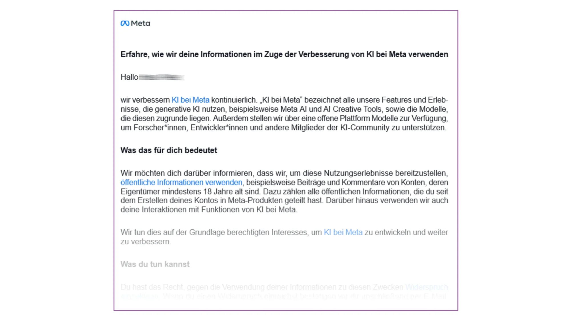 Meta's German email notification about AI training data usage - only 61% of users recall receiving this message despite GDPR requirements.