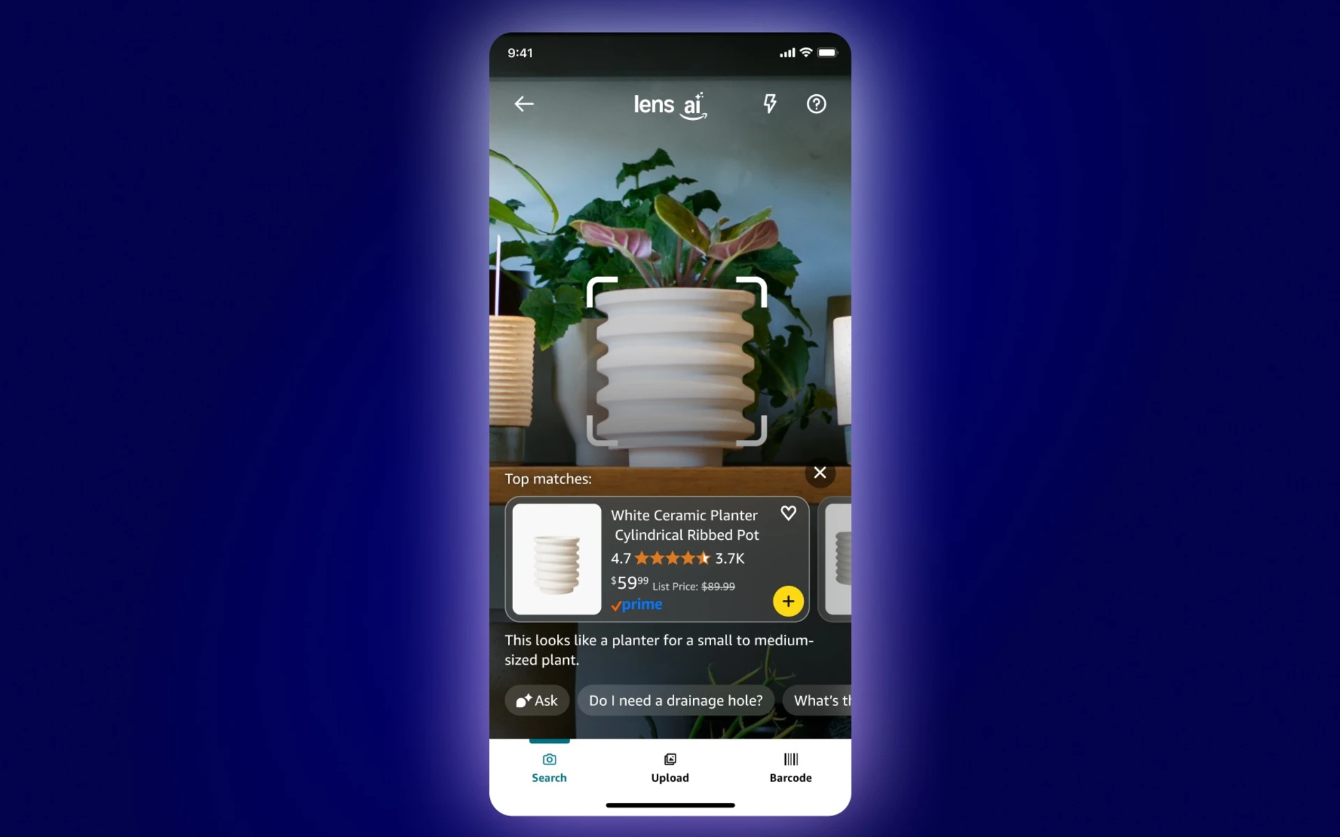 Amazon Lens Live real-time visual search scanning white ceramic planter with AI product matching
