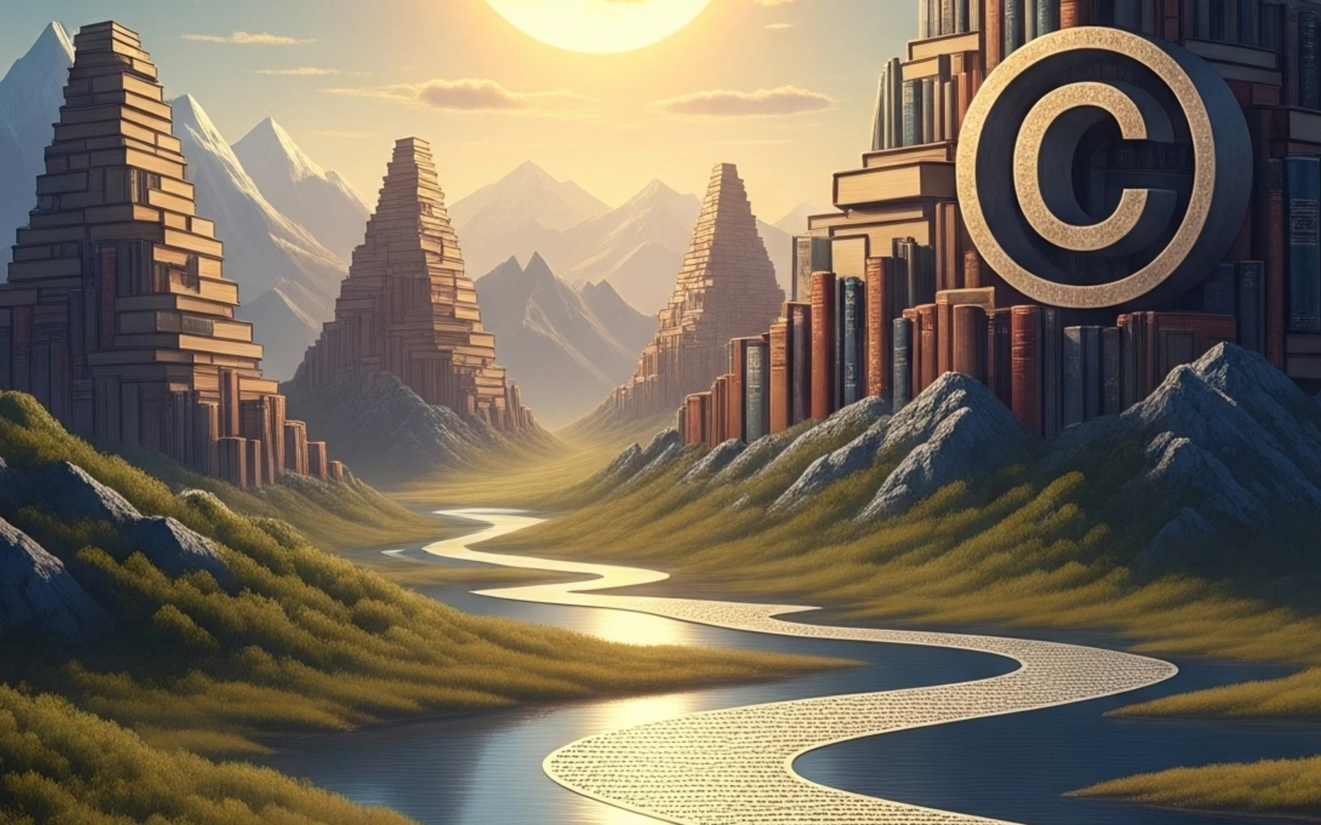 AI-generated copyright symbol over digital landscape illustrates Hollywood studios' legal battle. Image is AI-generated