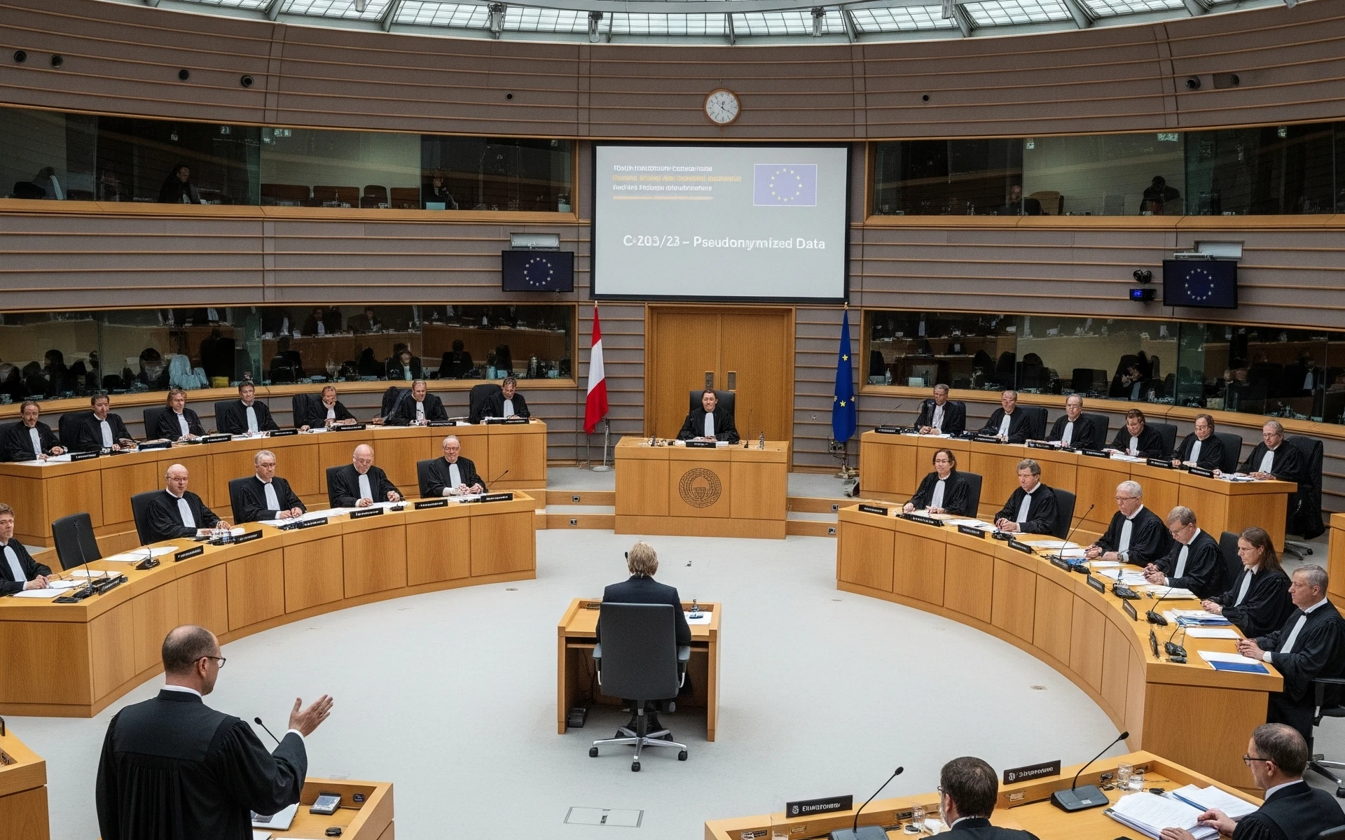 Court of Justice hearing room during EDPS v SRB case on pseudonymized data protection rules
