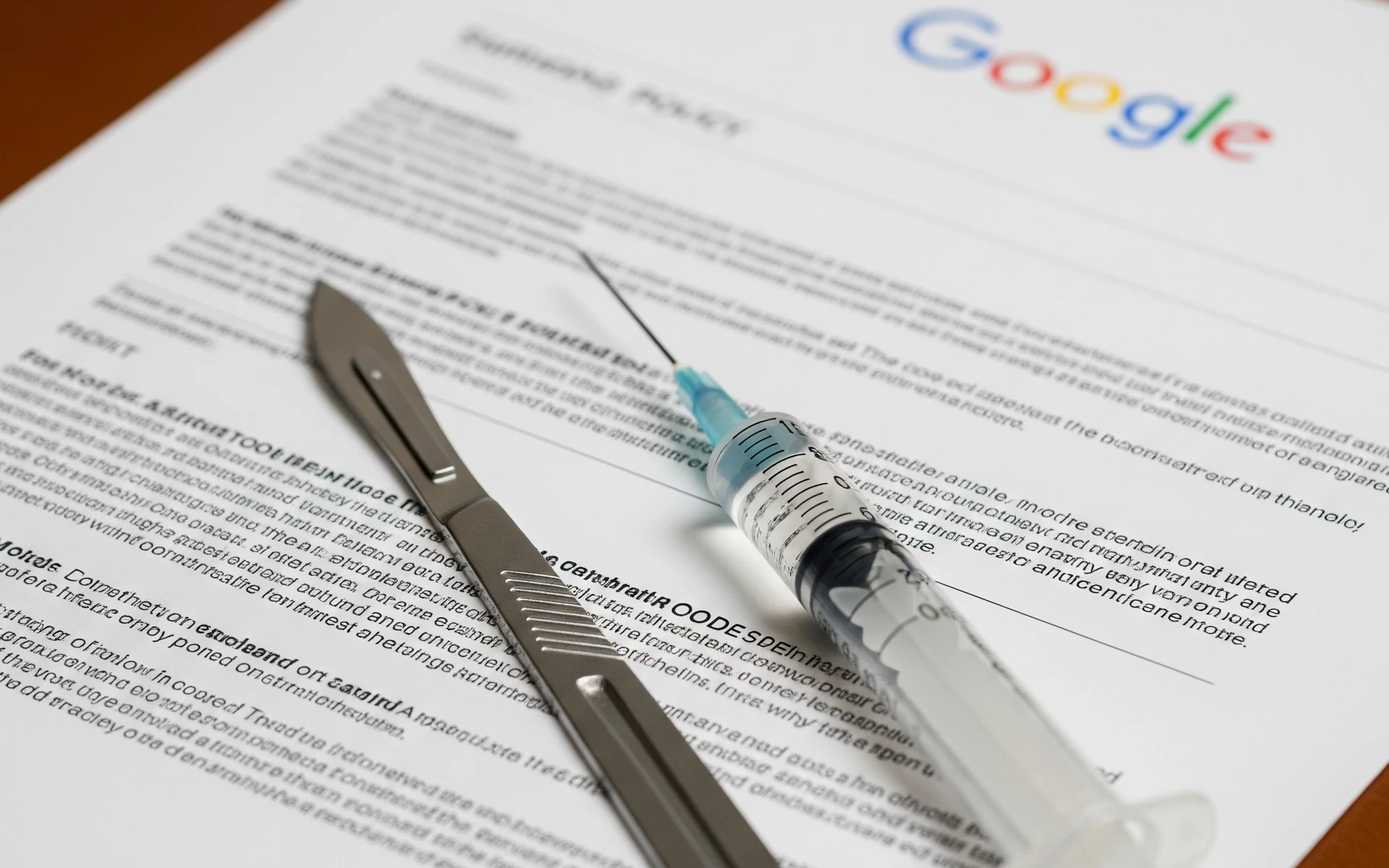 Google policy documents with medical syringe symbolizing healthcare advertising policy changes announcement