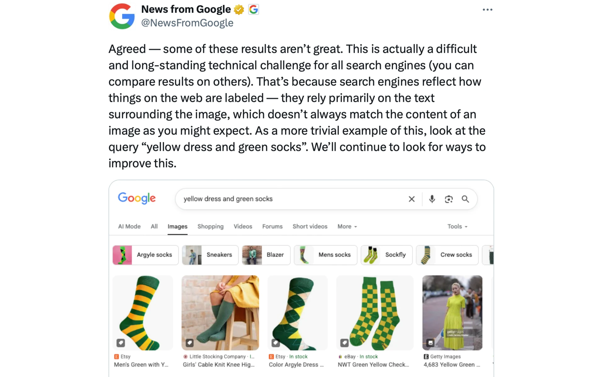 Google search results showing mismatched images for "yellow dress green socks" query example