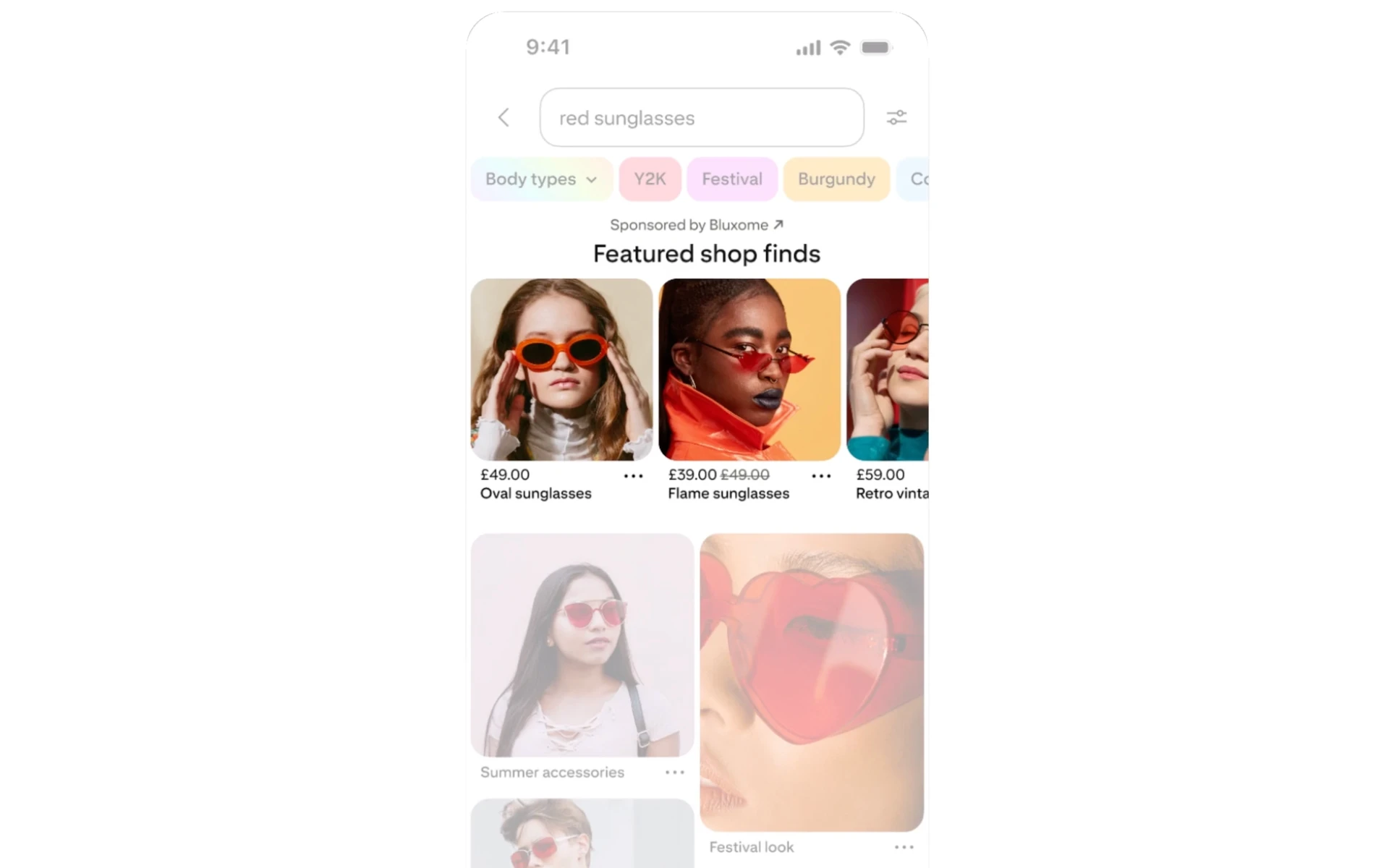 Pinterest Top of Search ads display "Featured shop finds" for red sunglasses with pricing and brand info.