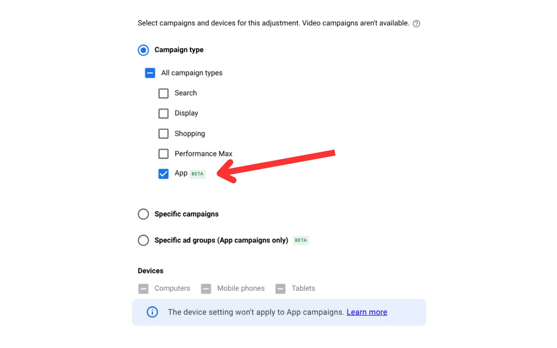 App campaigns beta checkbox selected in Google Ads seasonality adjustments interface with red arrow pointing