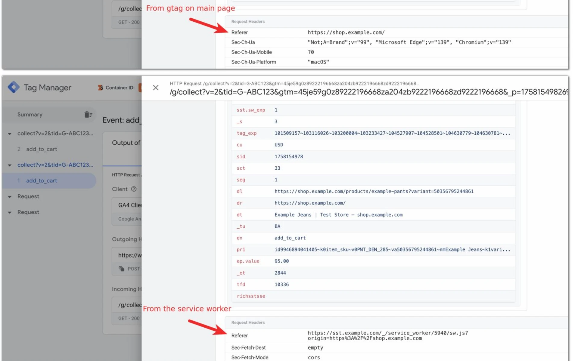 GA4 server-side GTM duplicate events bug shown in Tag Manager debugging interface with HTTP requests