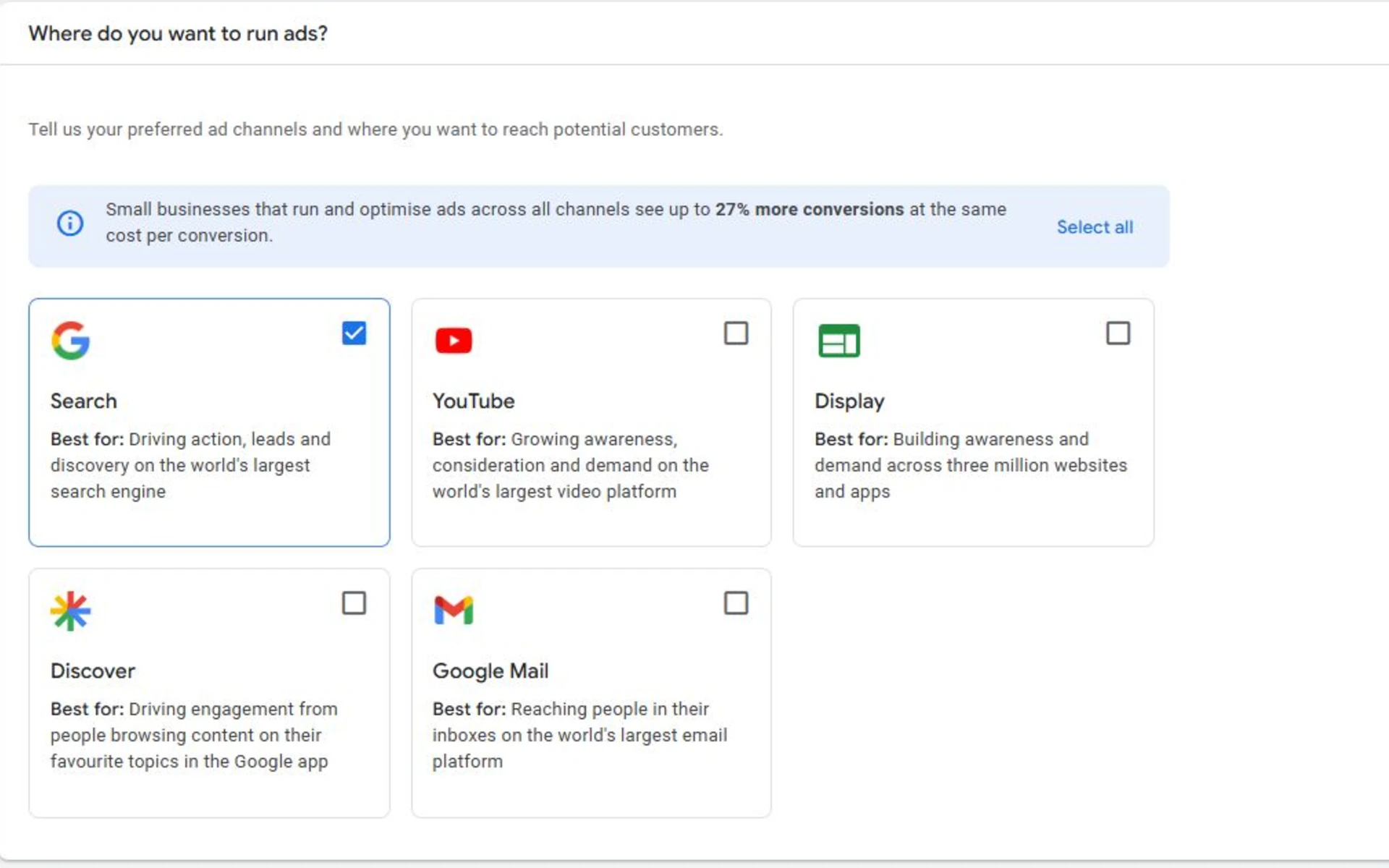 Google Ads new campaign setup interface showing channel selection before campaign type with Performance Max default option