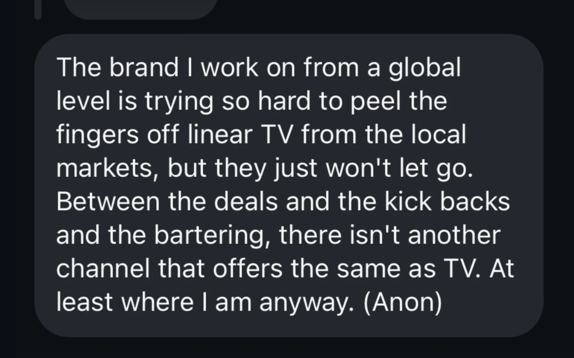 Global brand executive reveals local market resistance to linear TV budget reduction efforts