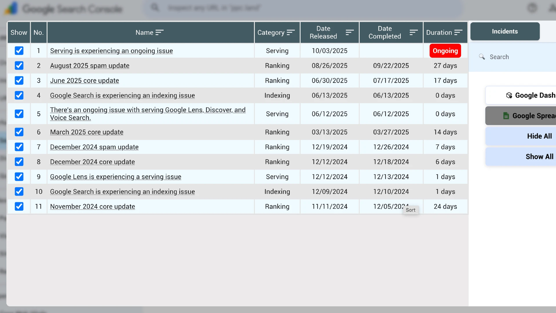 Google Search Console incidents table displaying algorithm updates including June 2025 core update