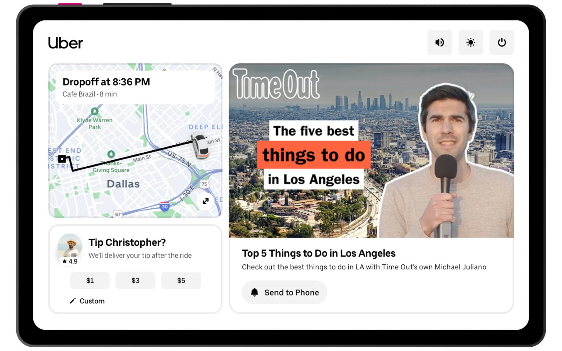 Uber JourneyTV tablet showing Time Out content with trip map and tipping options