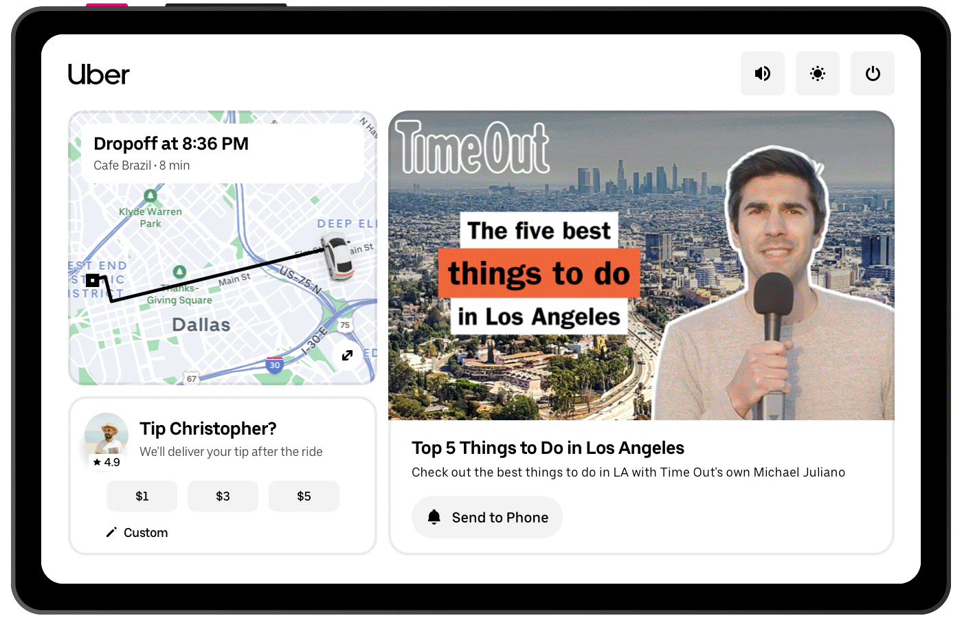 Time Out Los Angeles content on Uber's JourneyTV in-ride tablet interfaceRetry