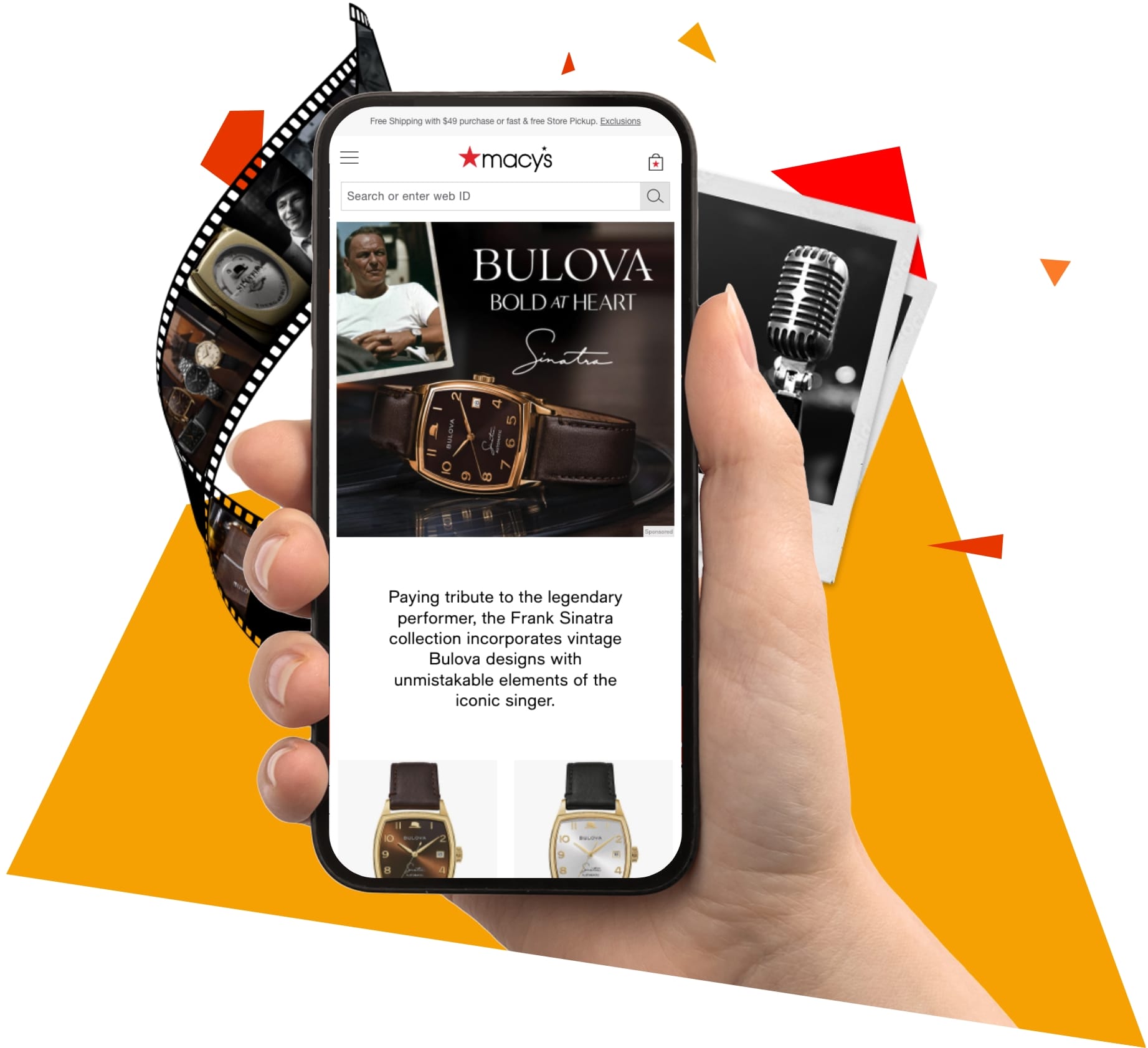 Macy's mobile app displaying Bulova watch advertisement as sponsored product placement