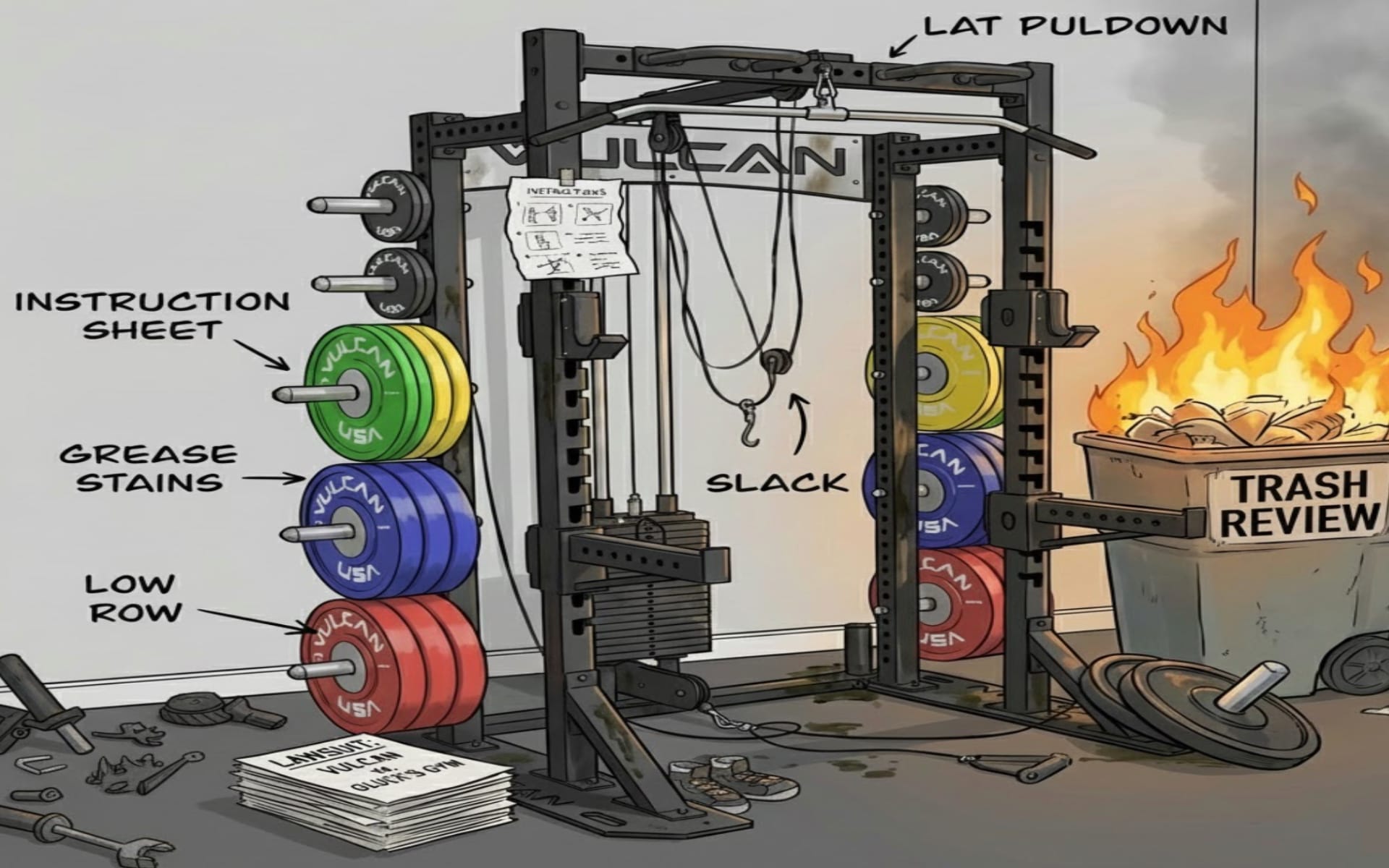 Vulcan Strength home gym setup issues: grease stains, loose cables, and quality concerns