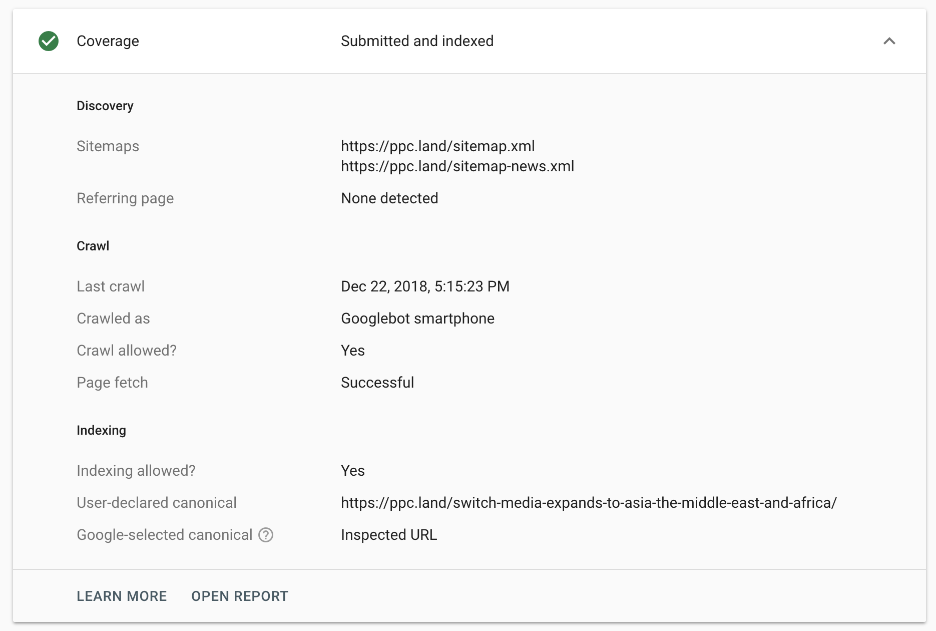 Search Console URL Inspection