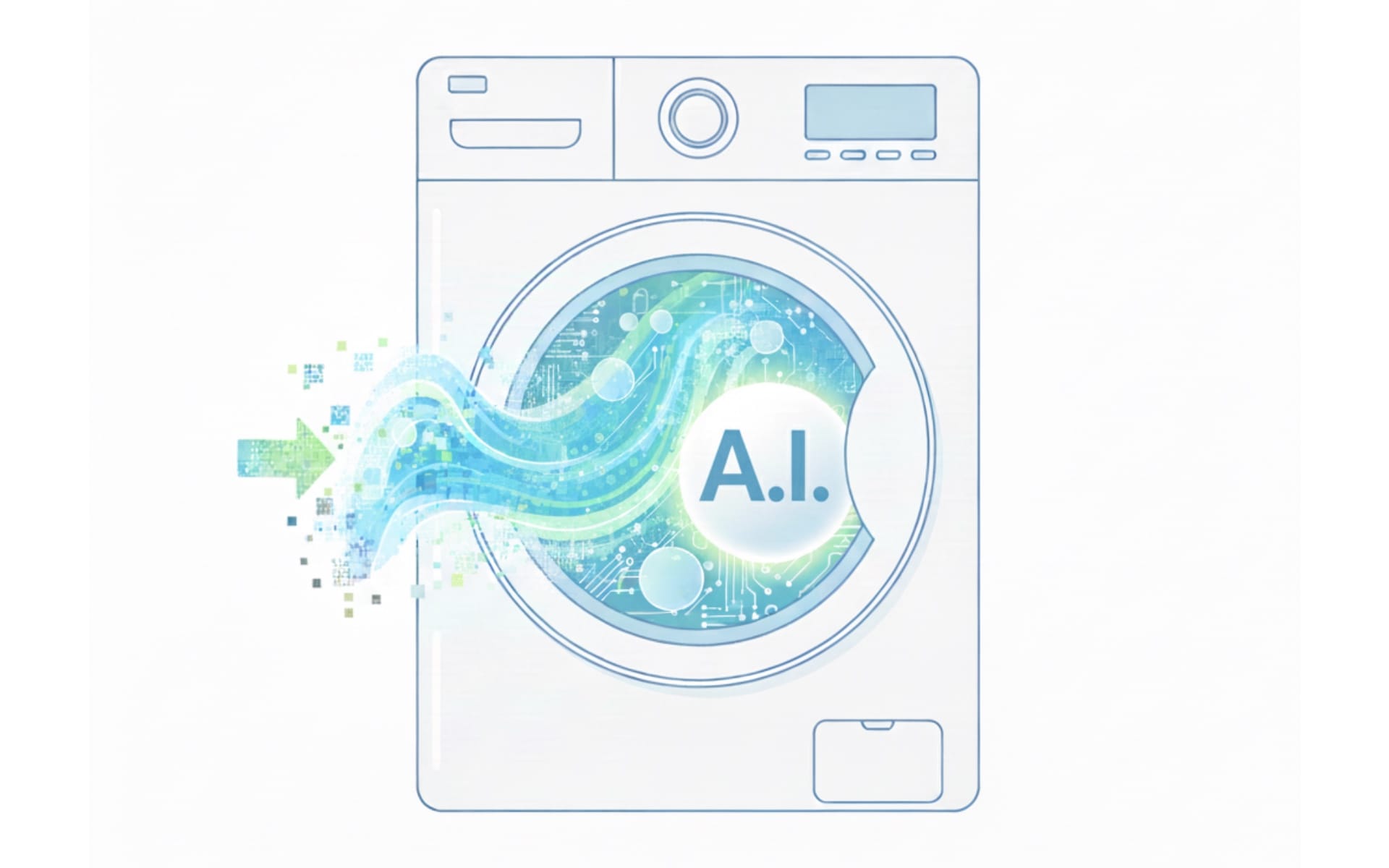 Washing machine illustration symbolizing AI washing practices where companies mislead about AI capabilities