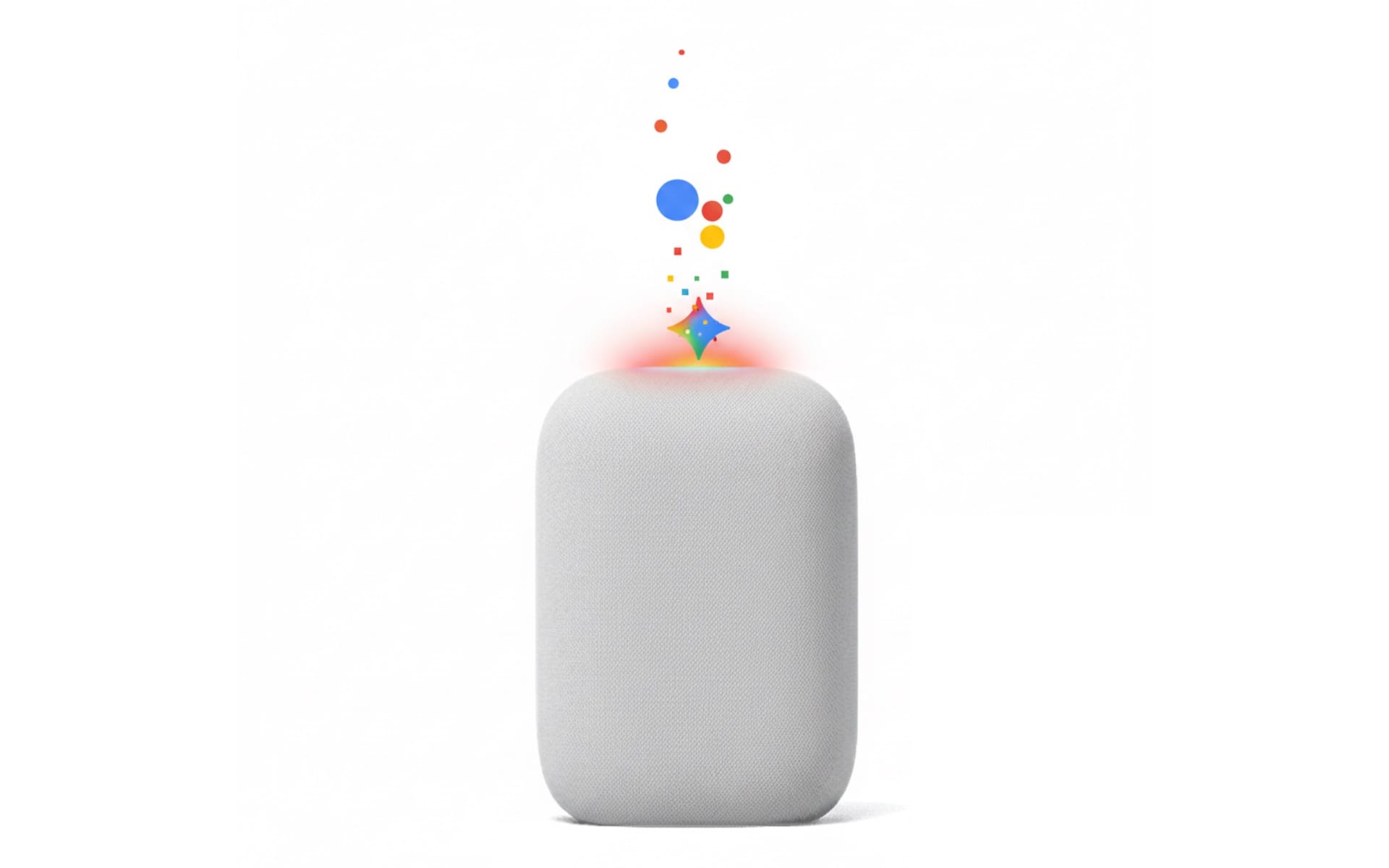 Google Nest speaker with Gemini AI colorful logo replacing Assistant on smart home devices in 2026