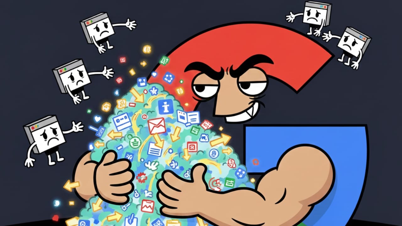 Cartoon Google G logo greedily hoarding web traffic while sad website icons reach out desperately.