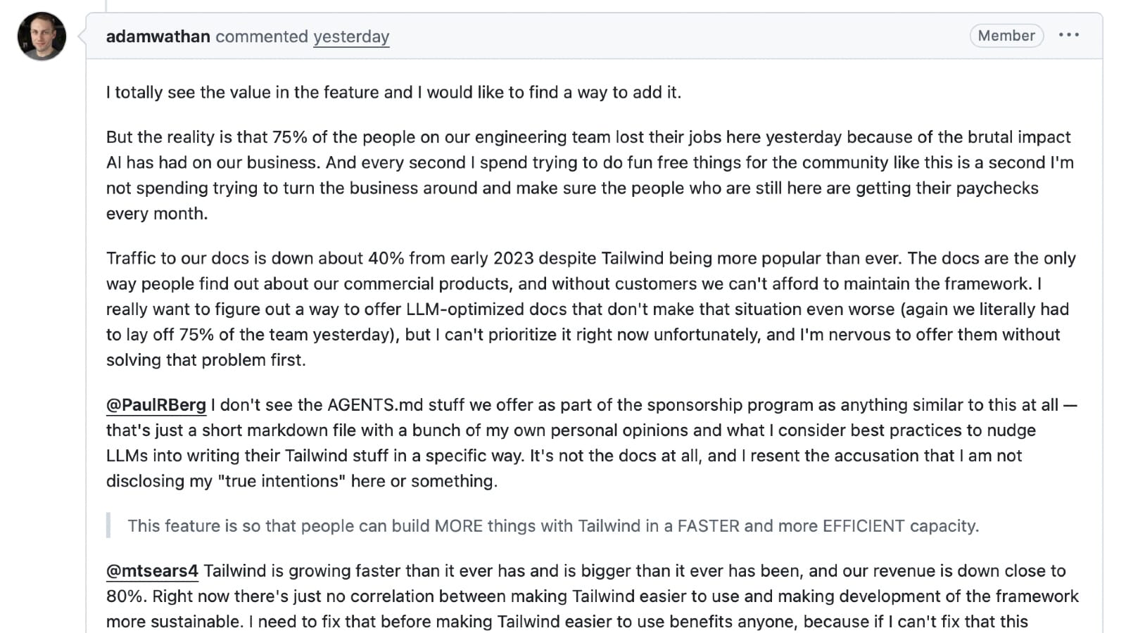 AI impact forces Tailwind CSS to cut 75% of staff despite growing popularity and declining revenue by 80%