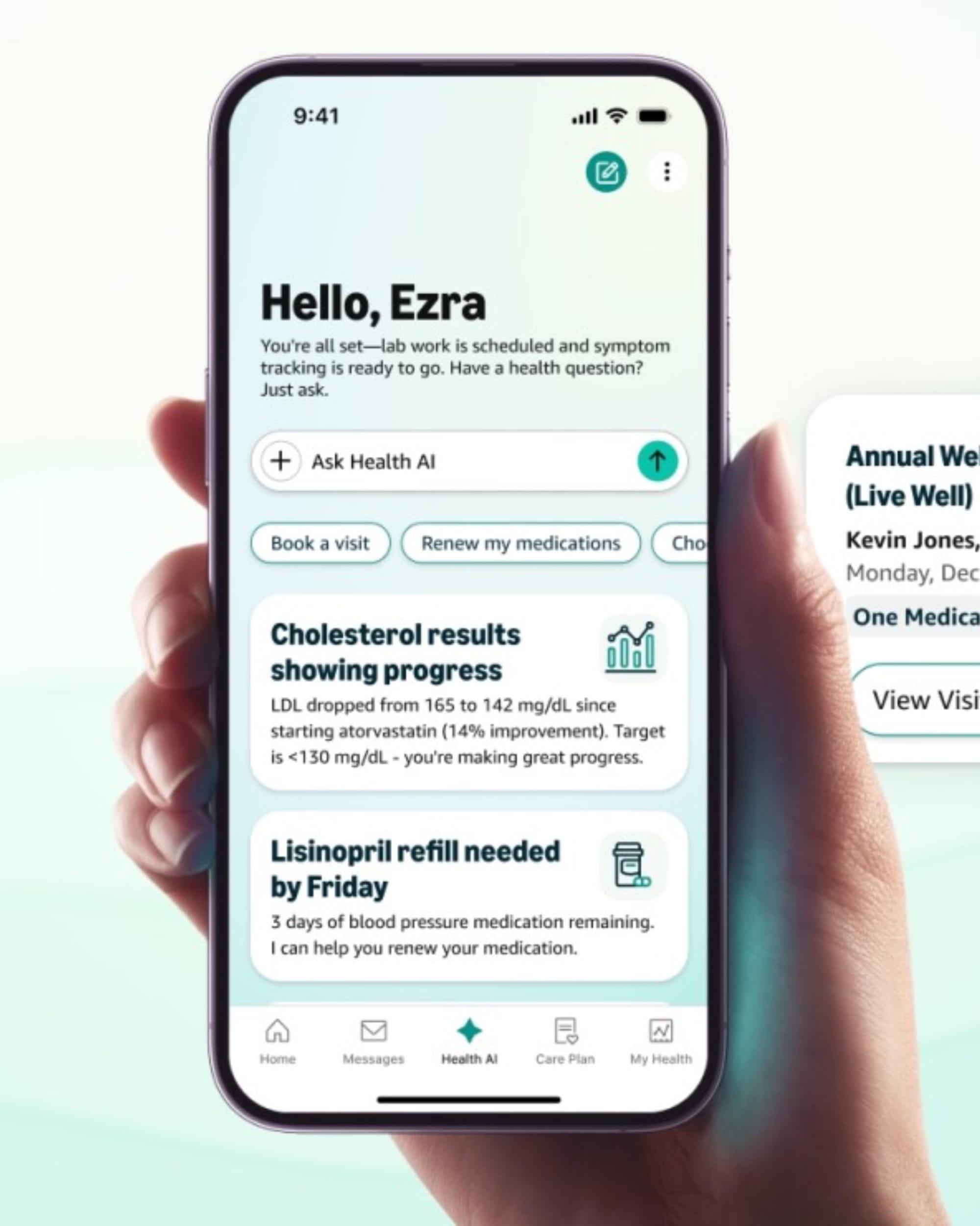 Amazon One Medical Health AI assistant interface showing personalized health tracking and reminders
