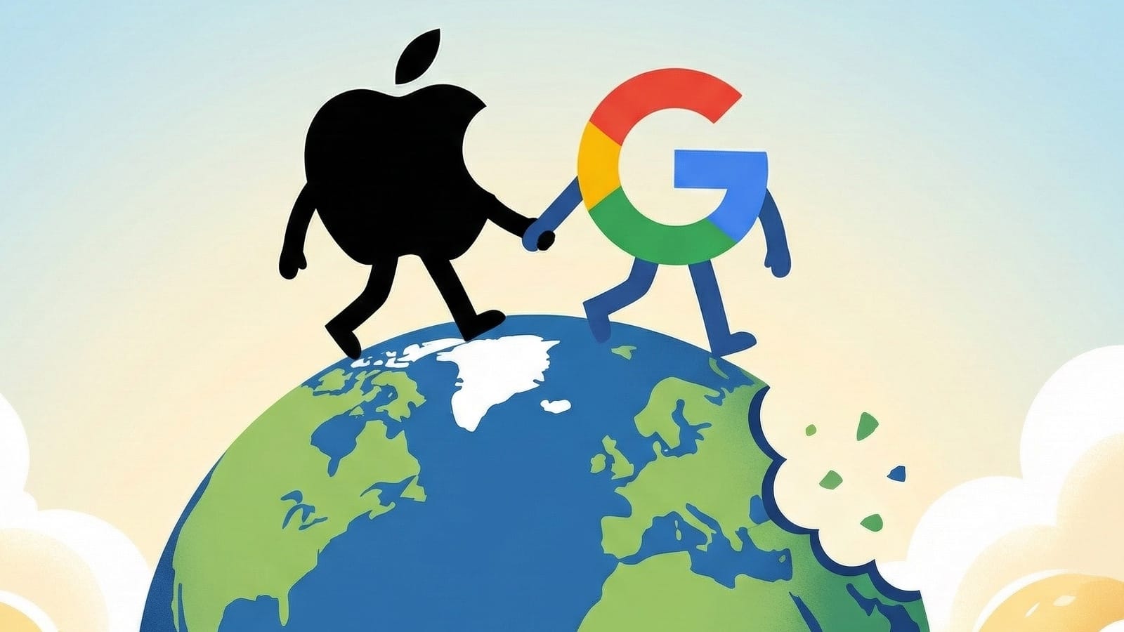 Apple and Google logos joining hands on globe illustrating AI partnership dominance