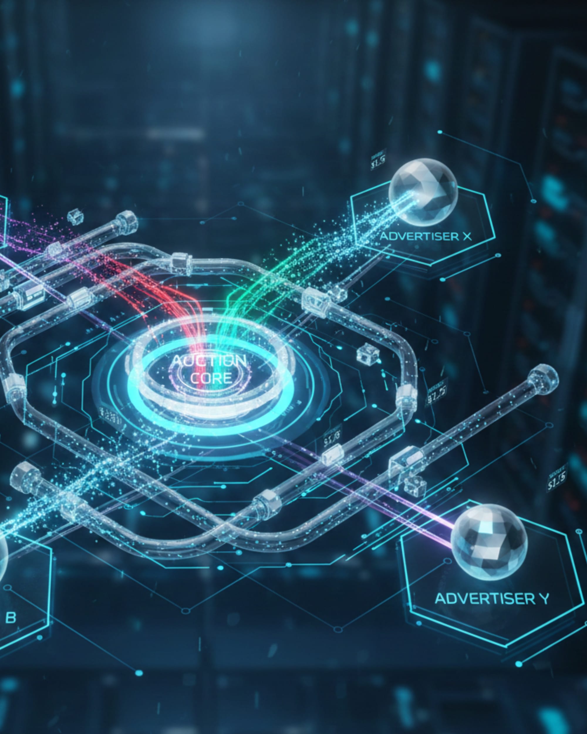 Programmatic auction infrastructure showing bid streams converging at central auction core mechanism